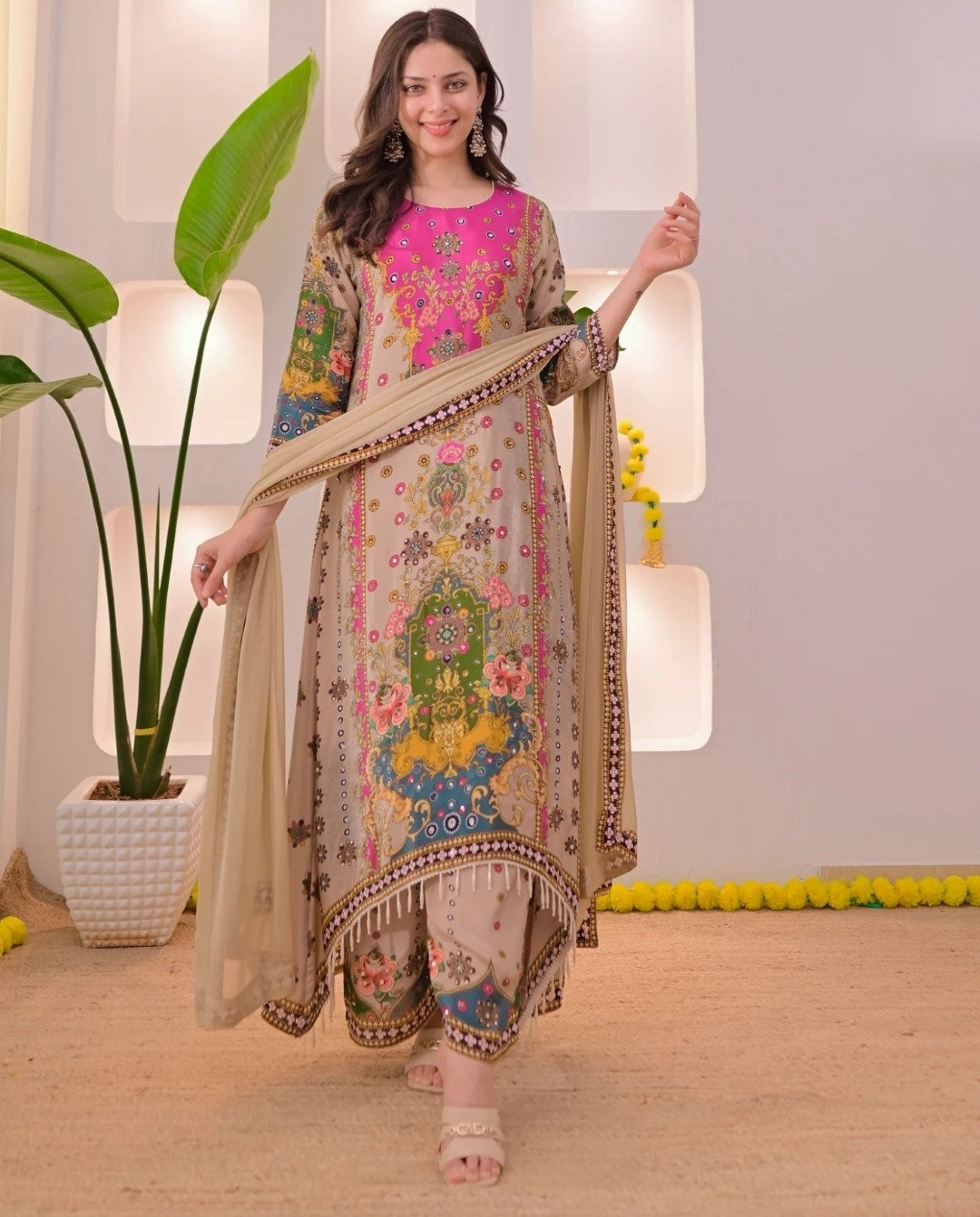 Ethnic Motifs Printed V-Neck Straight Kurta With Trousers & Dupatta