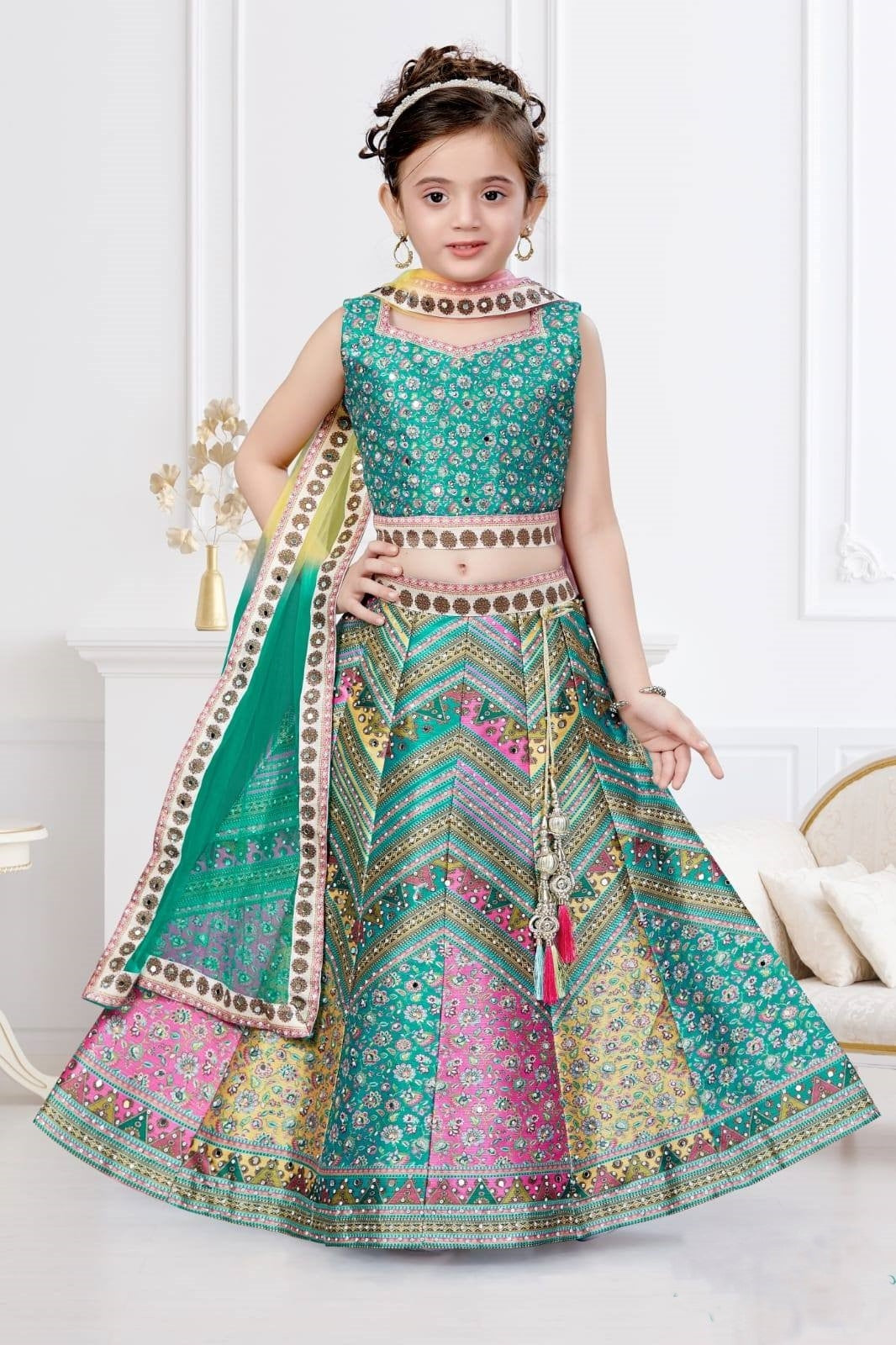 Multicolor Mirror Work And Printed Lehenga Choli Set For Girls