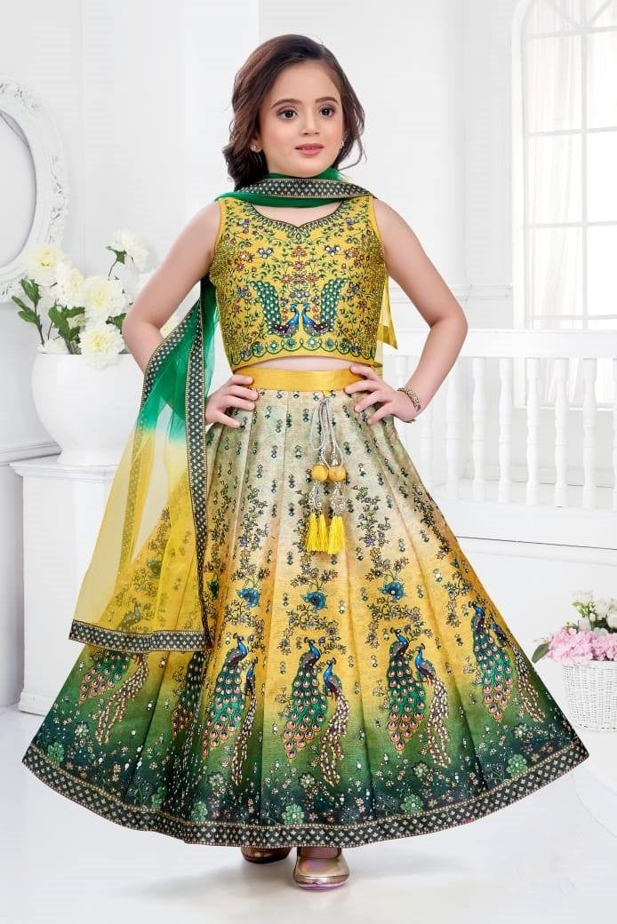 Multicolor Mirror Work And Printed Lehenga Choli Set For Girls