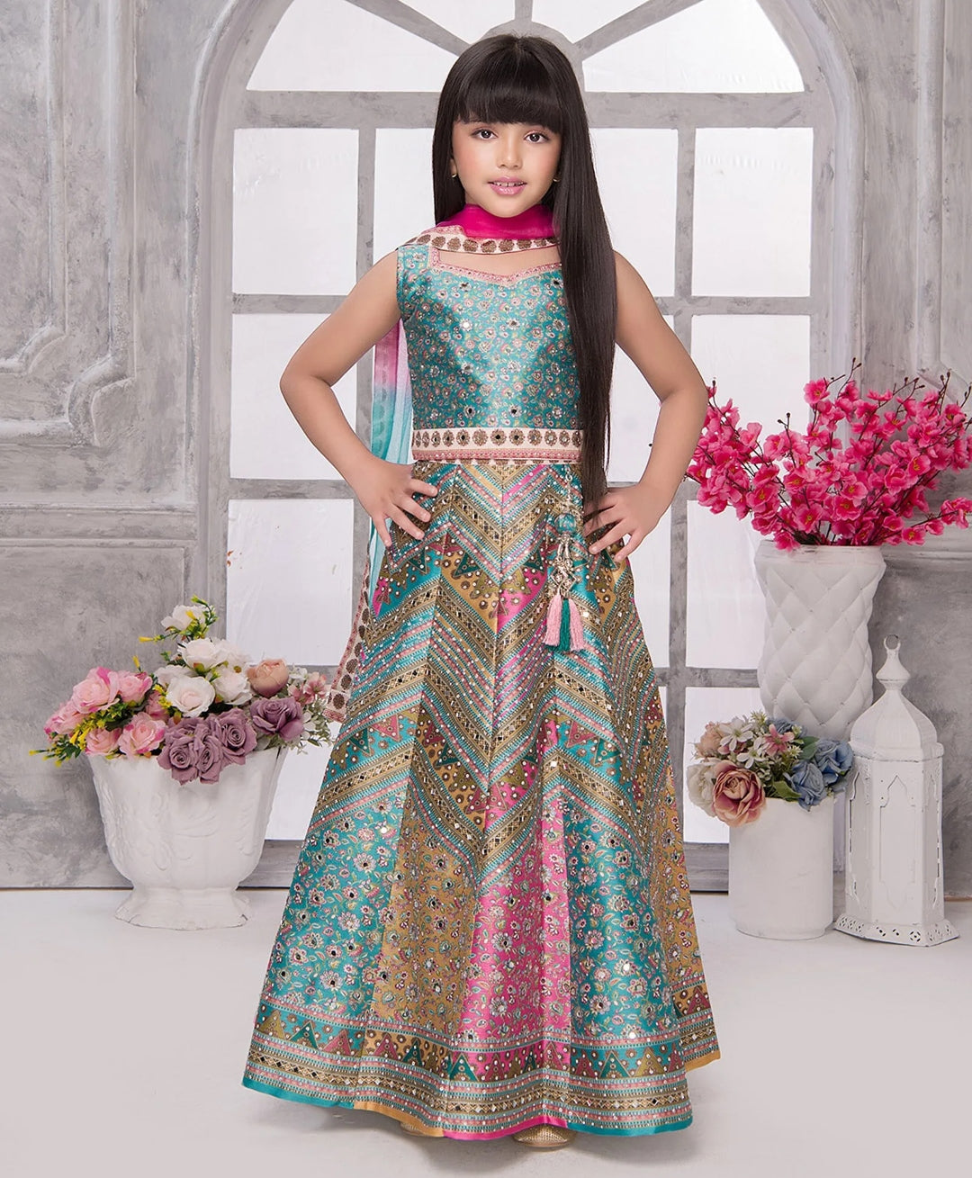 Green Sleeveless With Printed Embroidery And Mirror Work Lehenga Choli Set For Girls