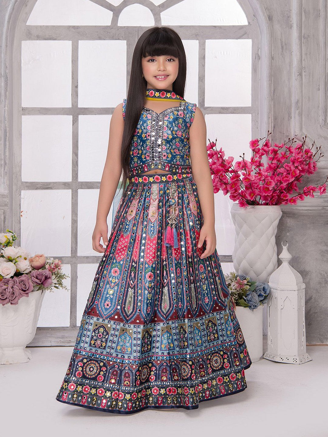Girls Printed Mirror Work Lehenga With Blouse & Dupatta