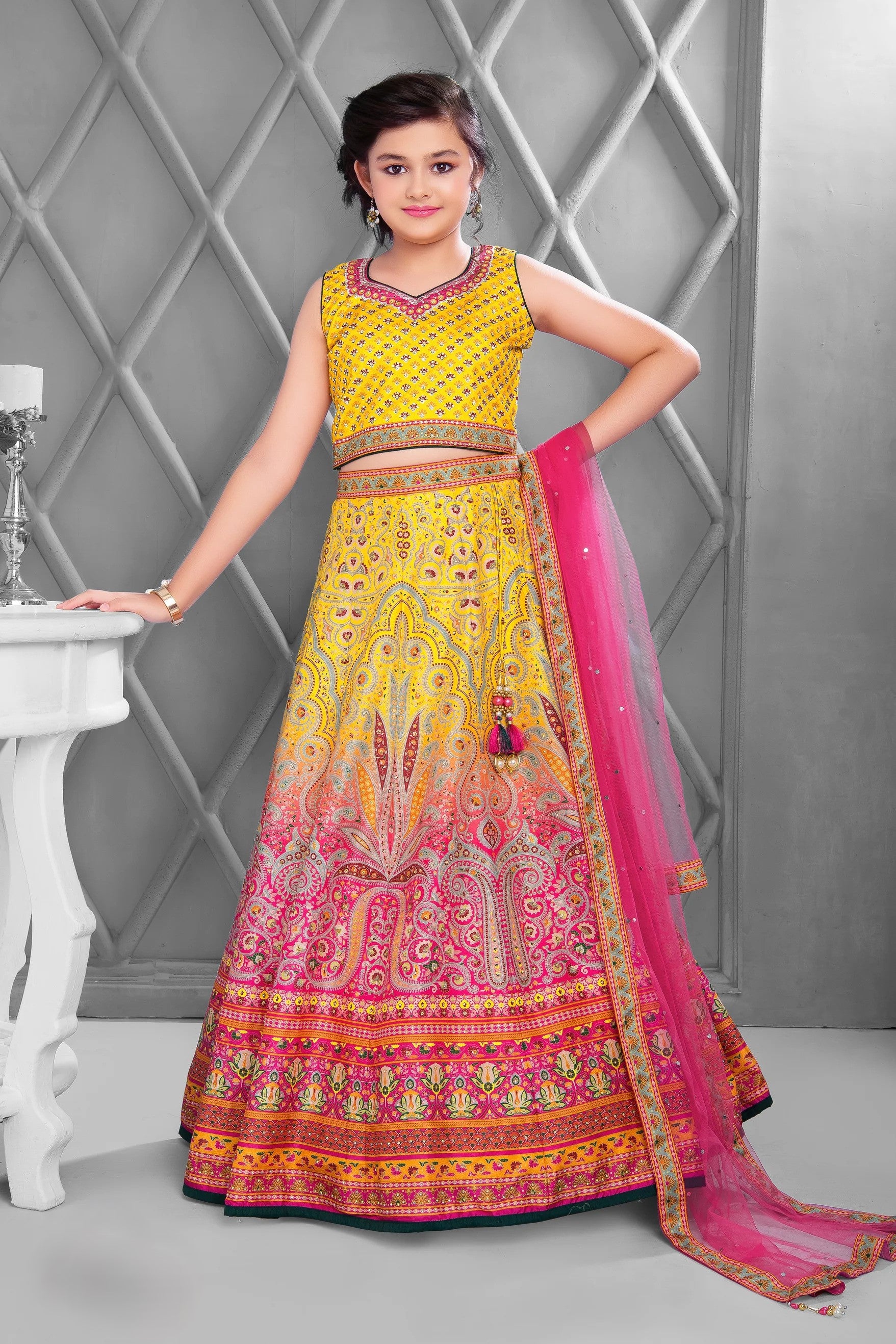 Multicolor Mirror Work And Printed Lehenga Choli Set For Girls