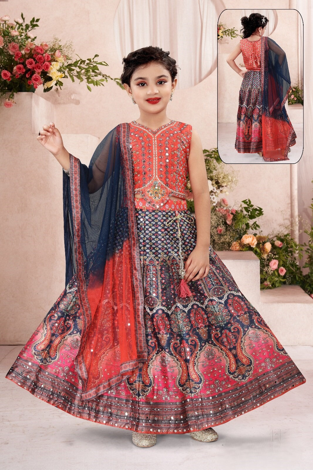 Multicolor Mirror Work And Printed Lehenga Choli Set For Girls