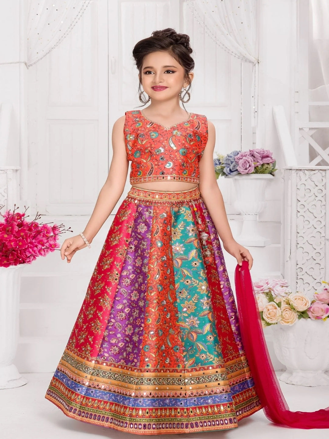 Girls Embroidered Mirror Work Tie and Dye Semi-Stitched Lehenga & Blouse With Dupatta