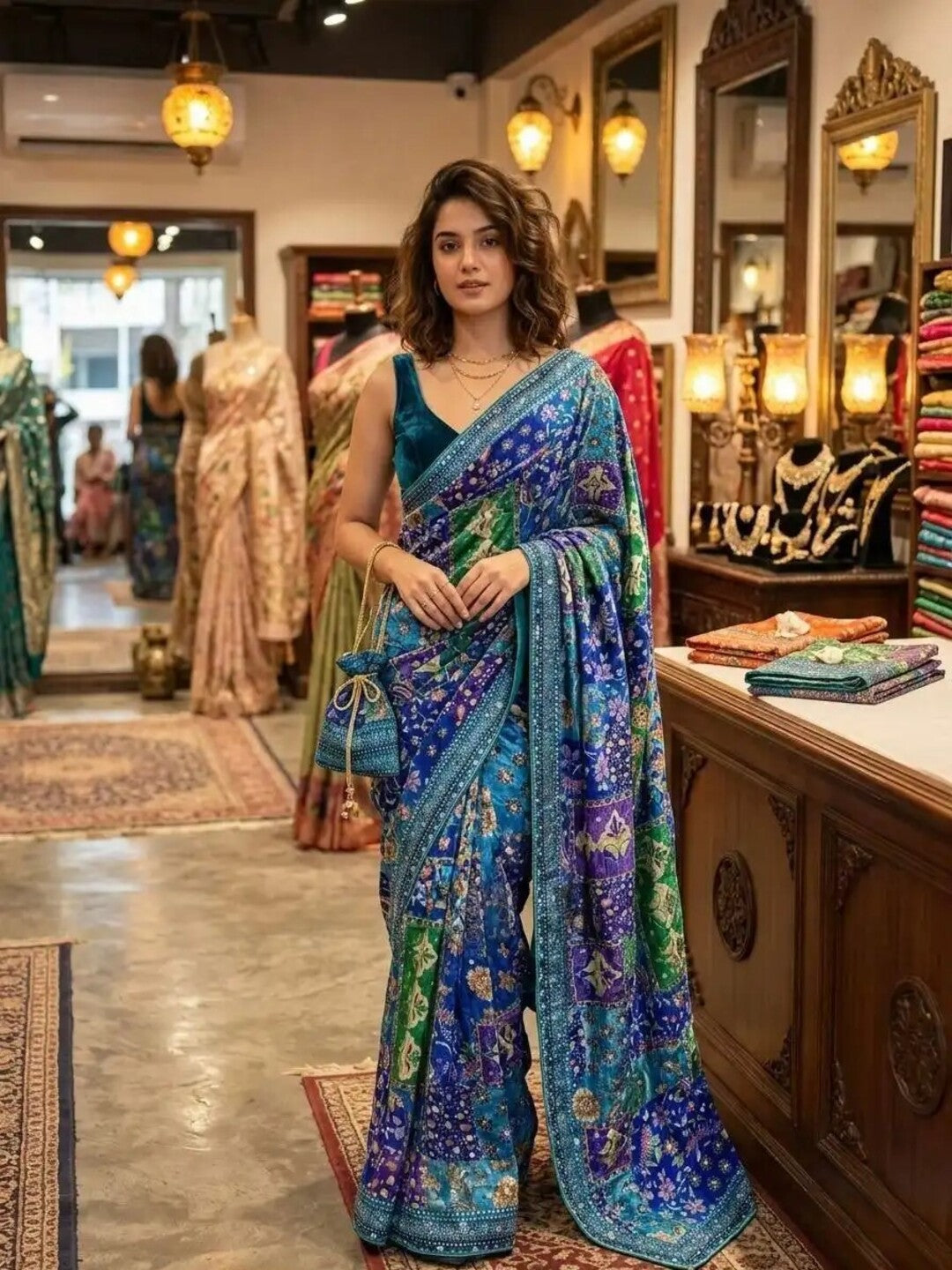 Trending Stylish Designer Premium Soft Chinnon With Beautiful Print And Handcrafted Real Mirror Work Multi Color