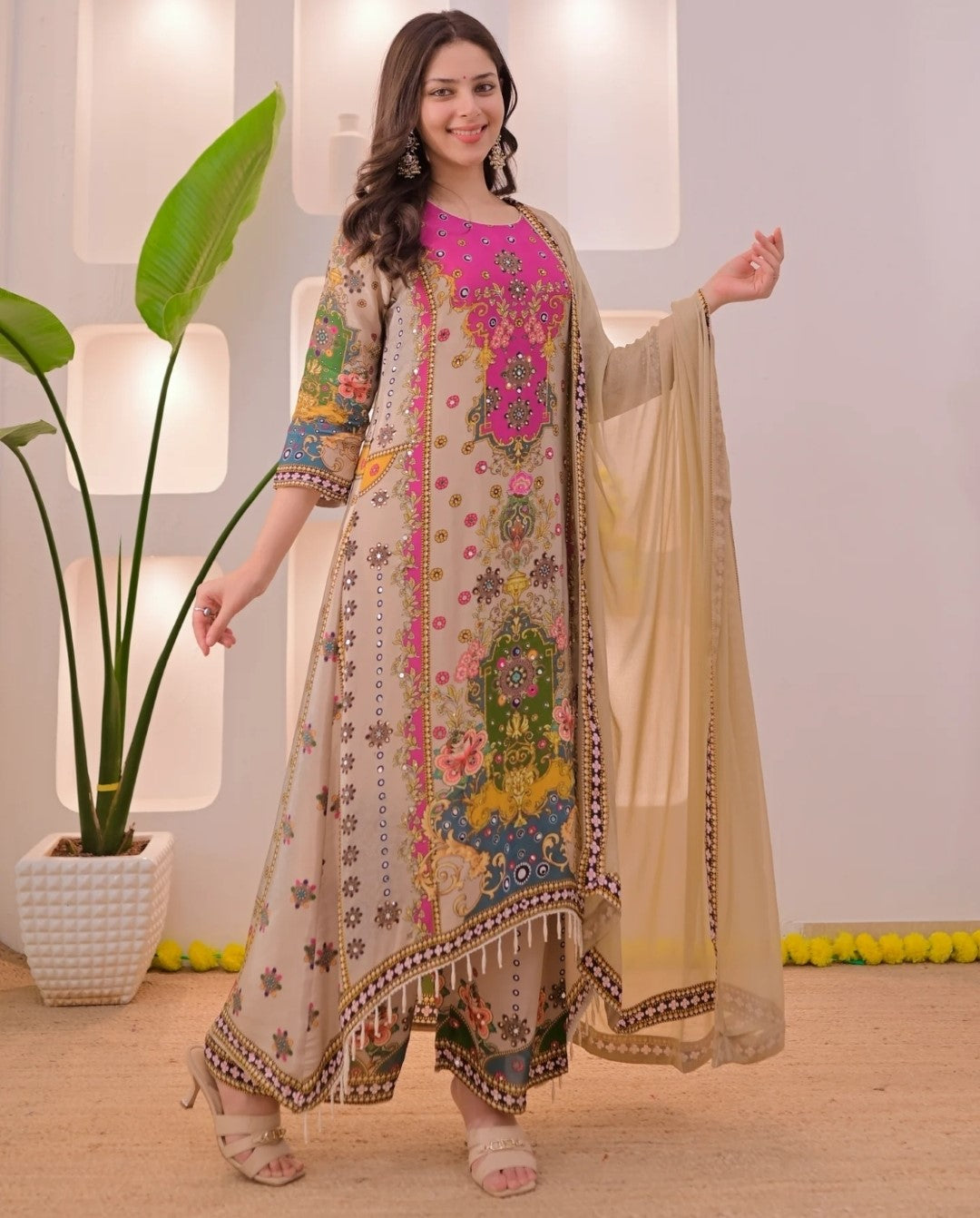 Ethnic Motifs Printed V-Neck Straight Kurta With Trousers & Dupatta