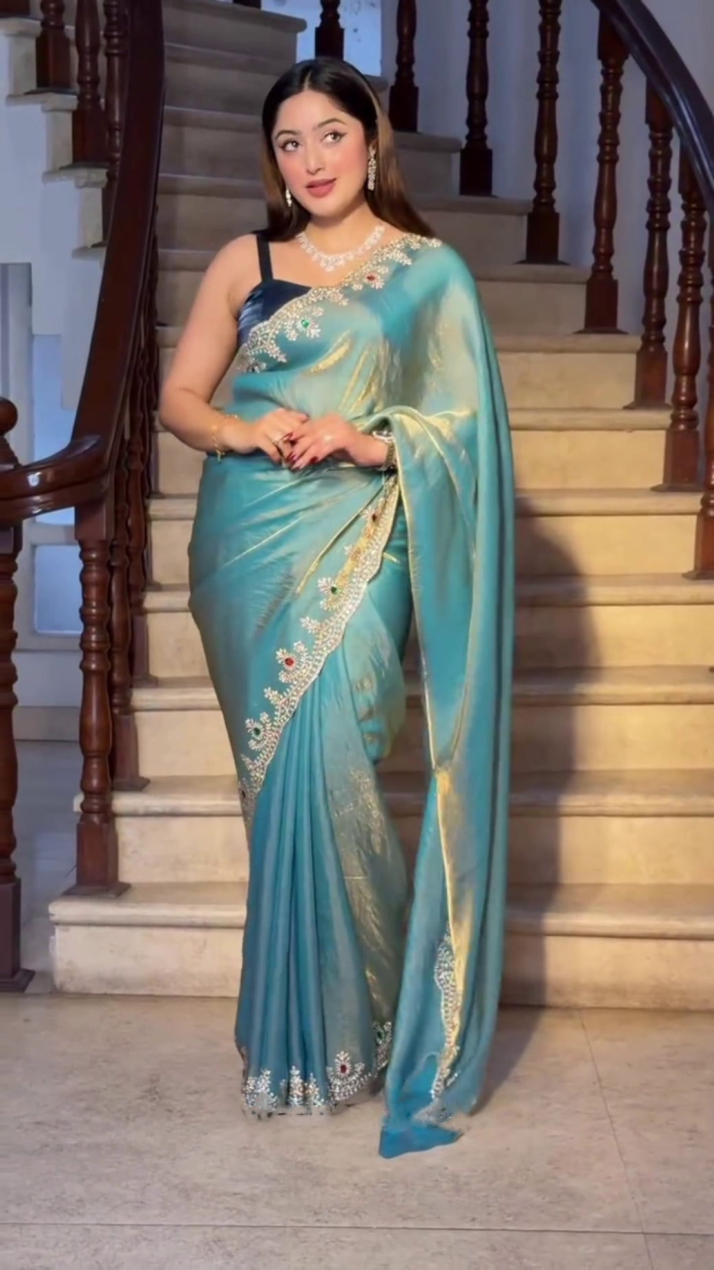 Embellished Beads and Stones Pure Chiffon Heavy Work Saree