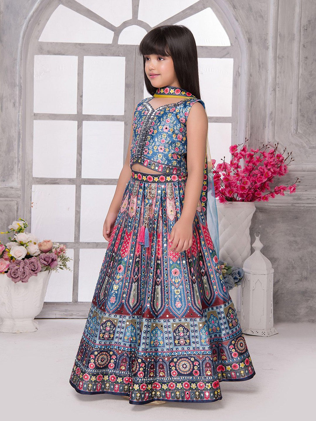 Girls Printed Mirror Work Lehenga With Blouse & Dupatta