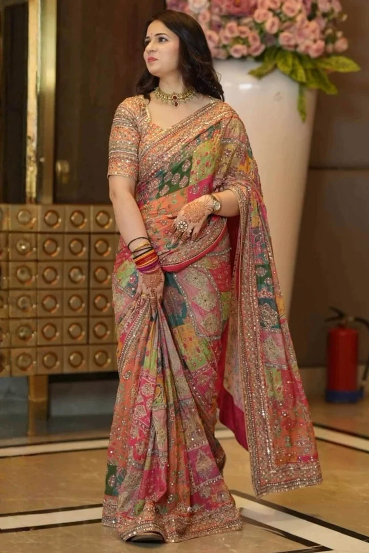 Trending Stylish Designer Premium Soft Chinnon With Beautiful Print And Handcrafted Real Mirror Work Multi Color