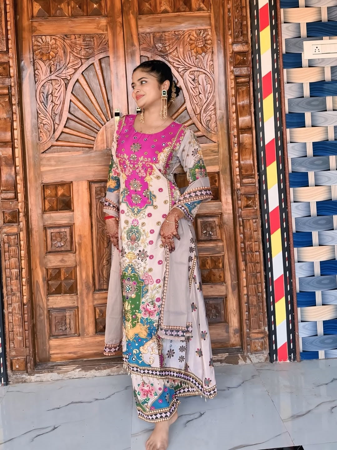 Ethnic Motifs Printed Regular Mirror Work Kurta with Trousers & Dupatta