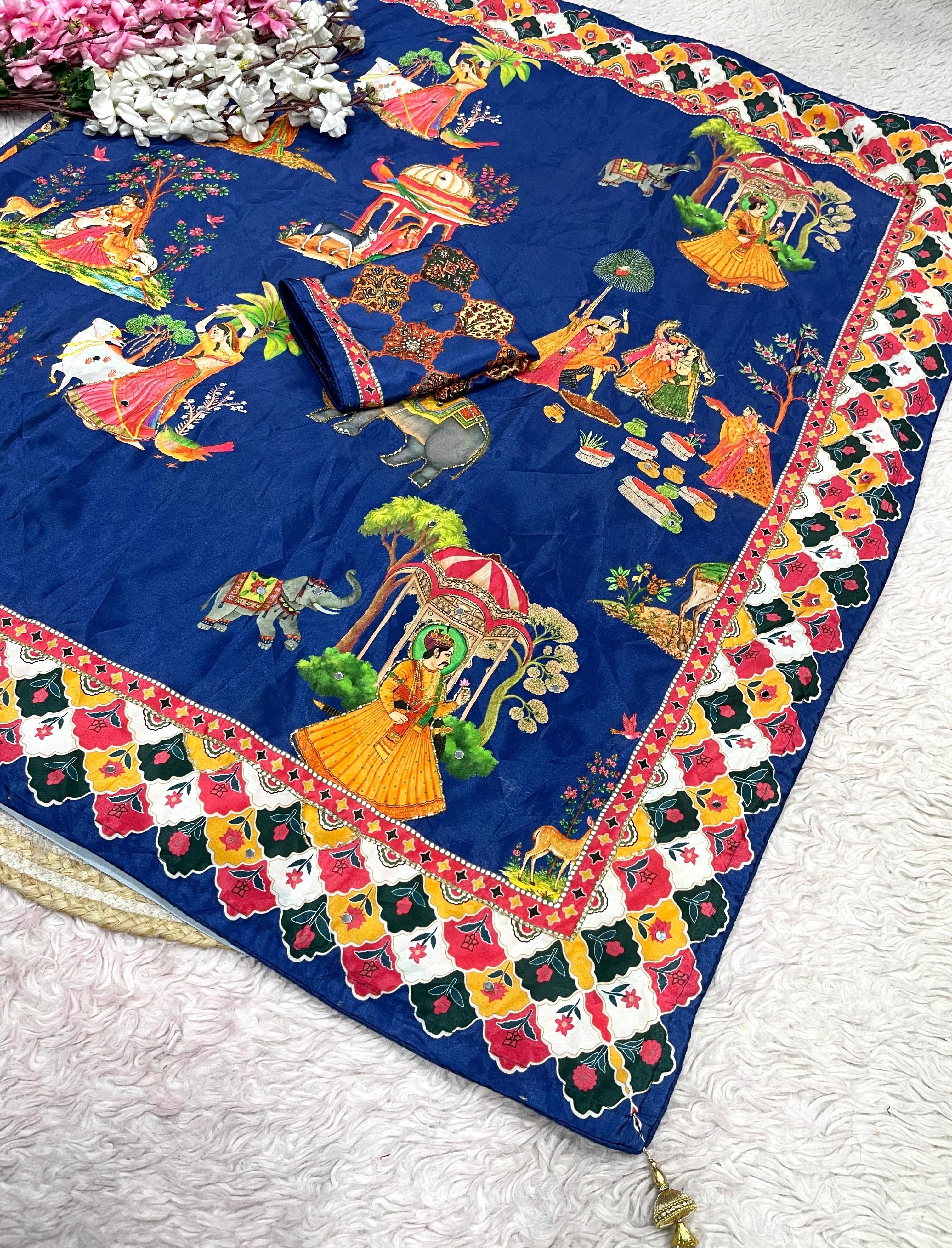 These Bollywood-style satin silk sarees feature vibrant Pichwai digital prints and  handwork