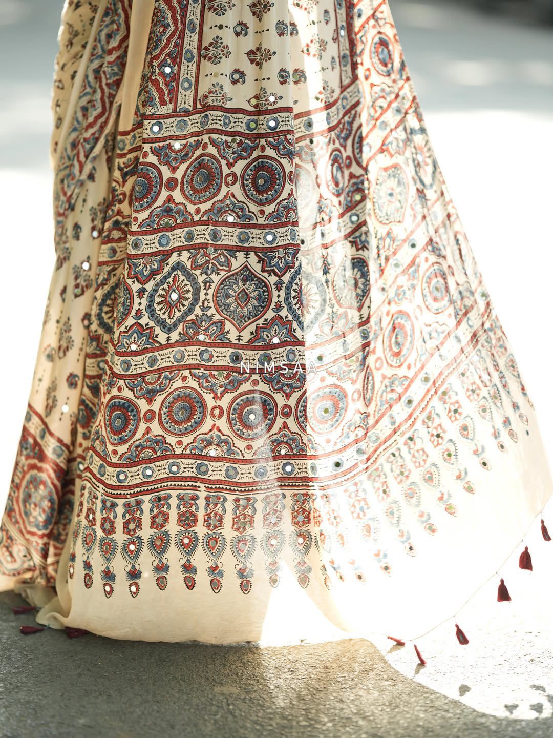 Trending Stylish Designer Premium, Beautiful Print And Handcrafted Real Mirror Work Silk Saree