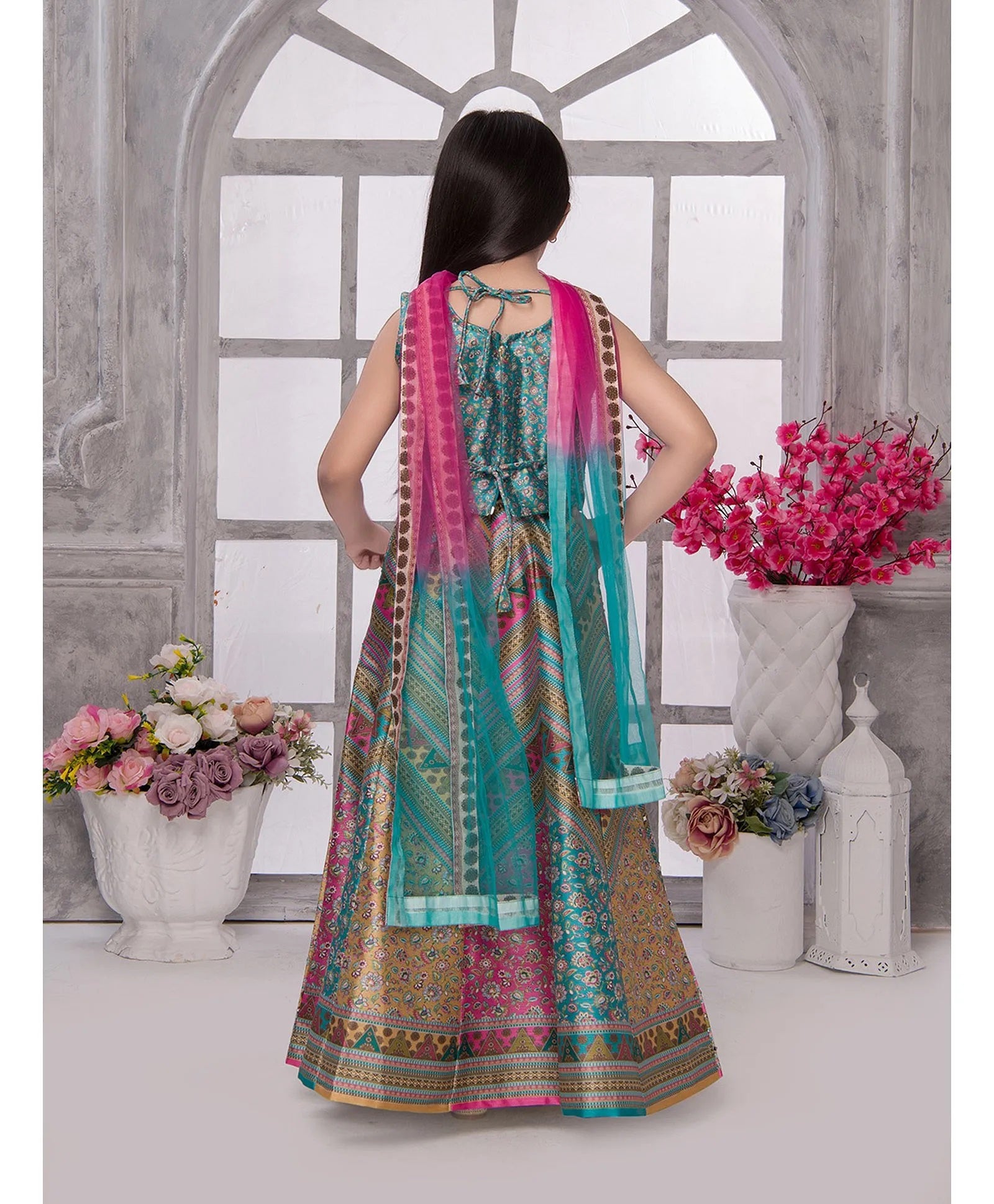 Green Sleeveless With Printed Embroidery And Mirror Work Lehenga Choli Set For Girls