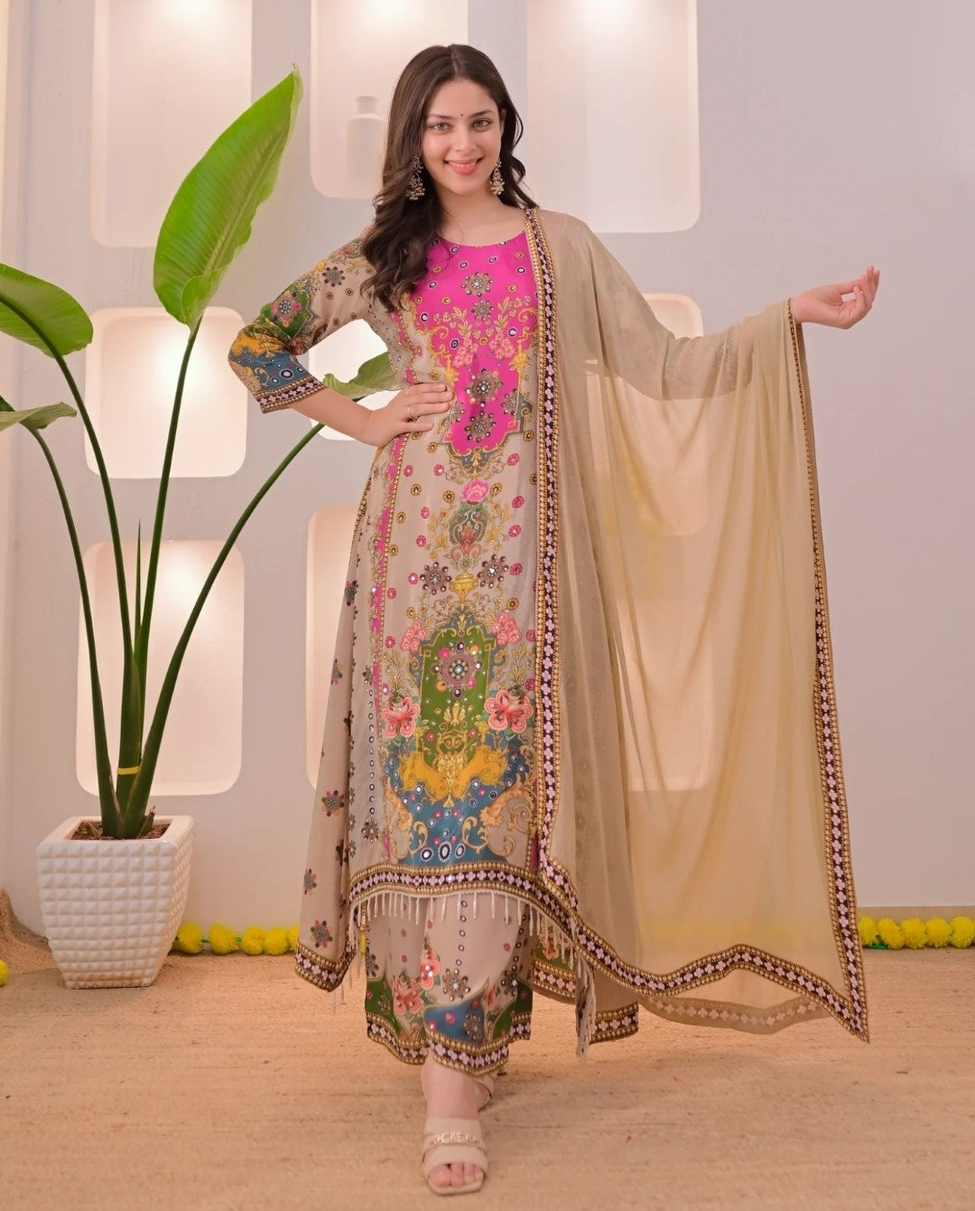 Ethnic Motifs Printed V-Neck Straight Kurta With Trousers & Dupatta