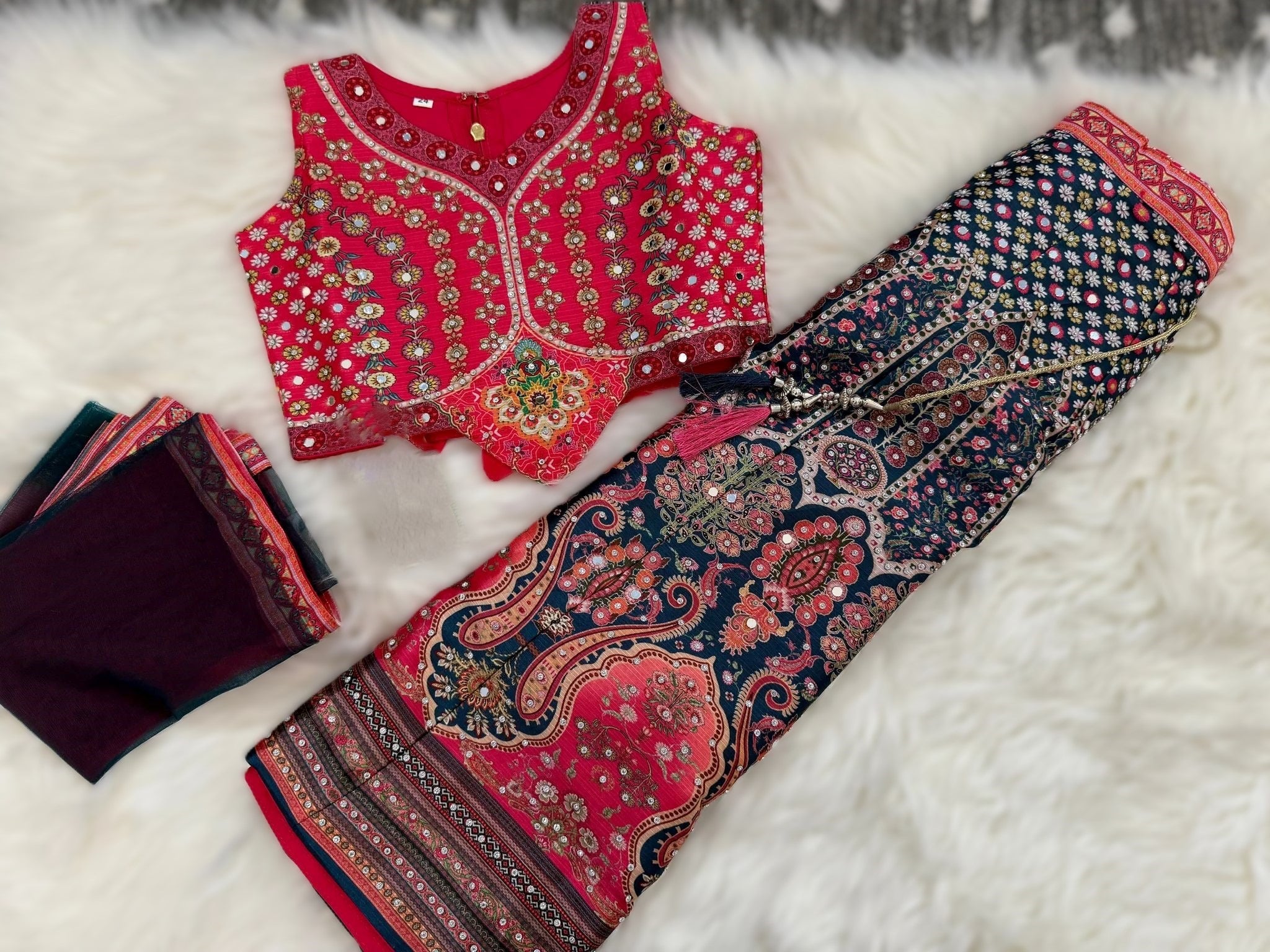 Multicolor Mirror Work And Printed Lehenga Choli Set For Girls