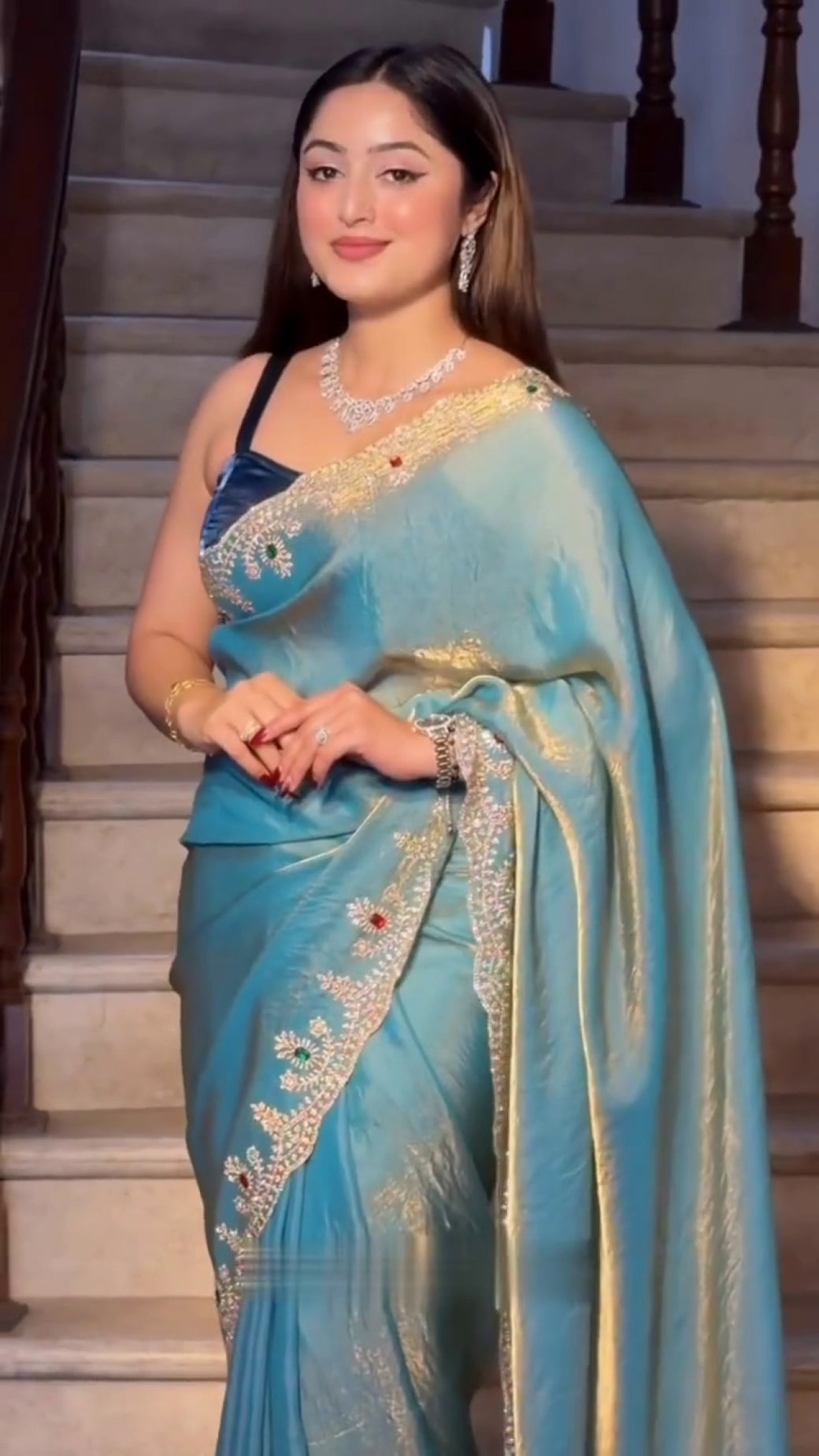 Embellished Beads and Stones Pure Chiffon Heavy Work Saree