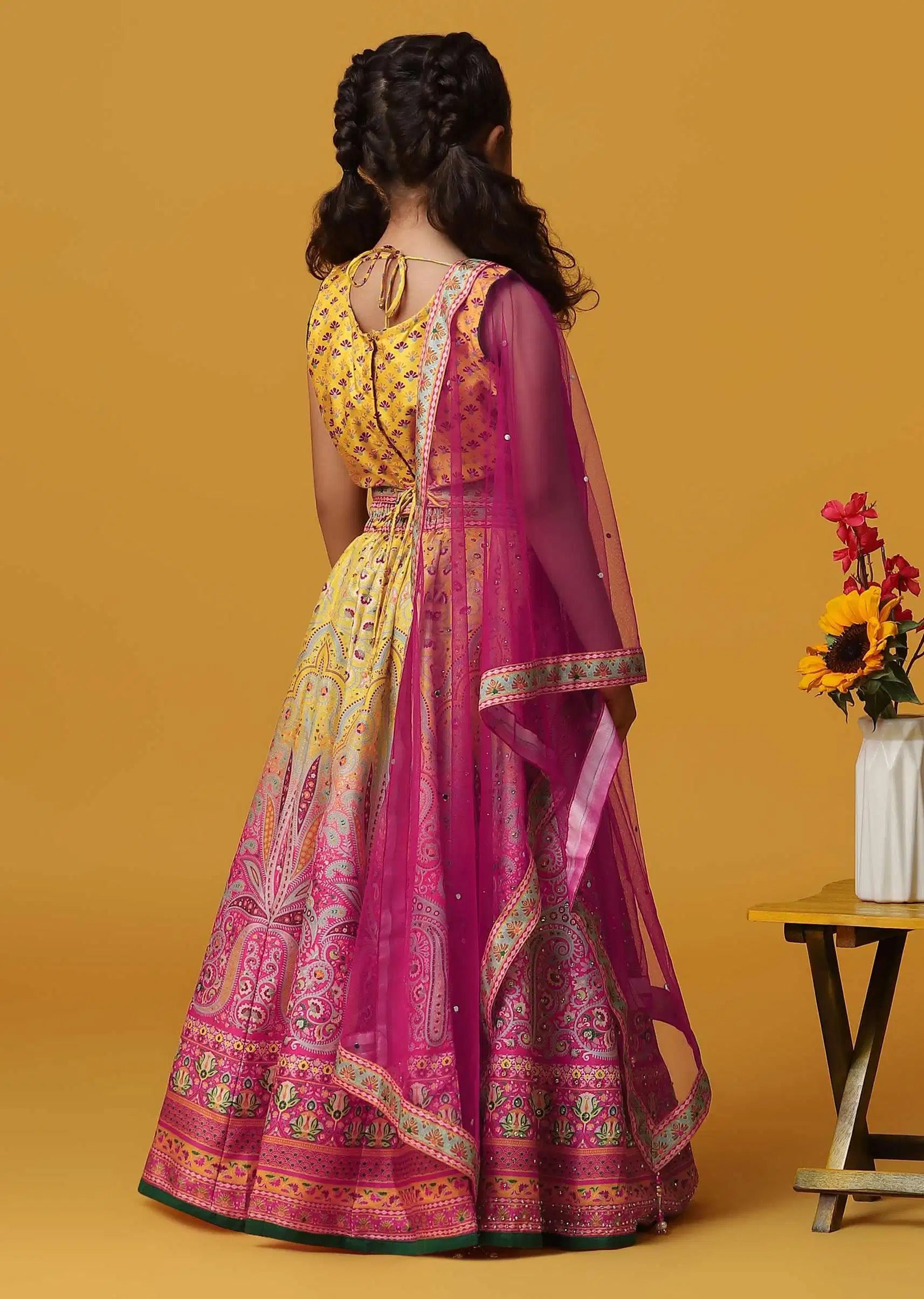 Multicolor Mirror Work And Printed Lehenga Choli Set For Girls