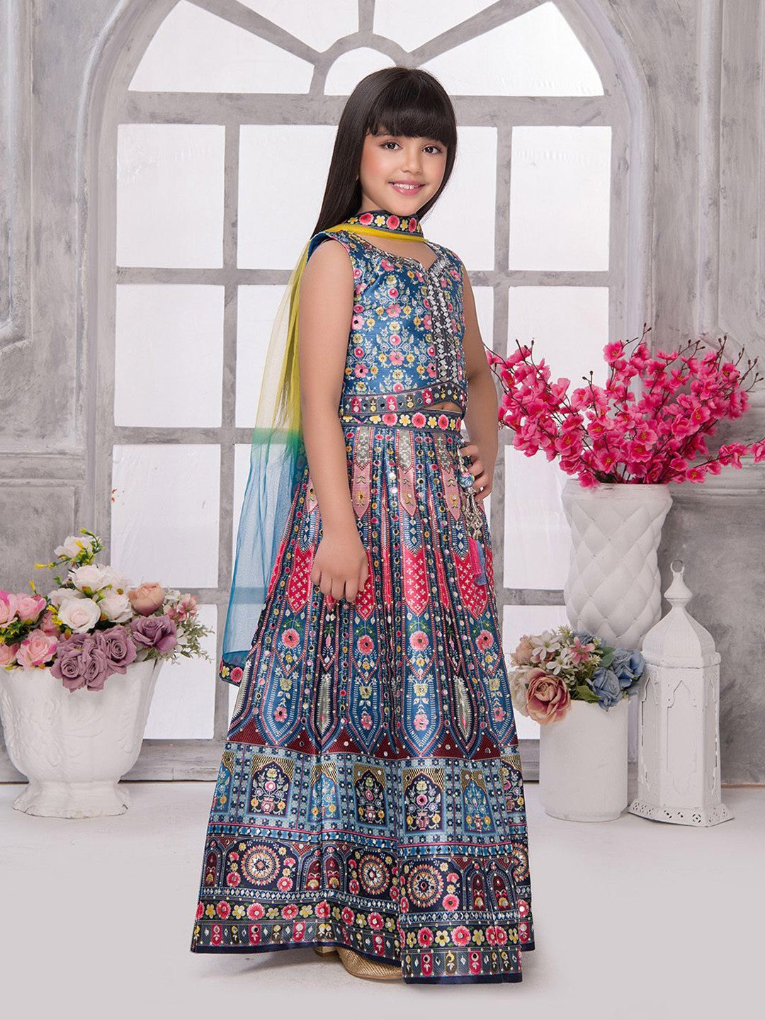 Girls Printed Mirror Work Lehenga With Blouse & Dupatta