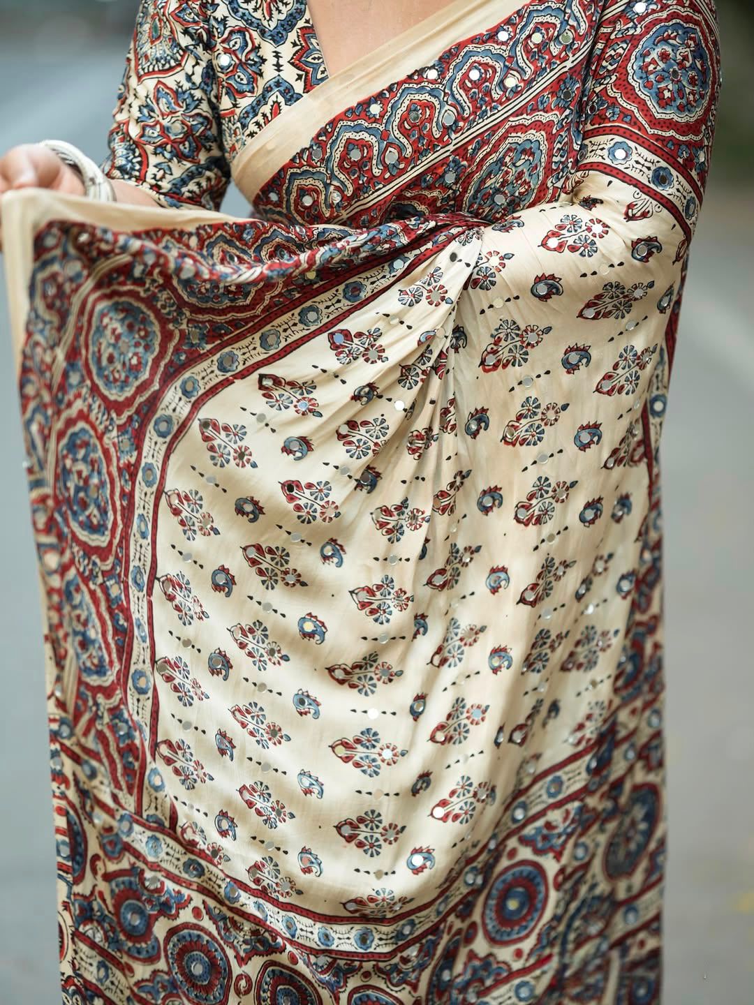 Trending Stylish Designer Premium, Beautiful Print And Handcrafted Real Mirror Work Silk Saree