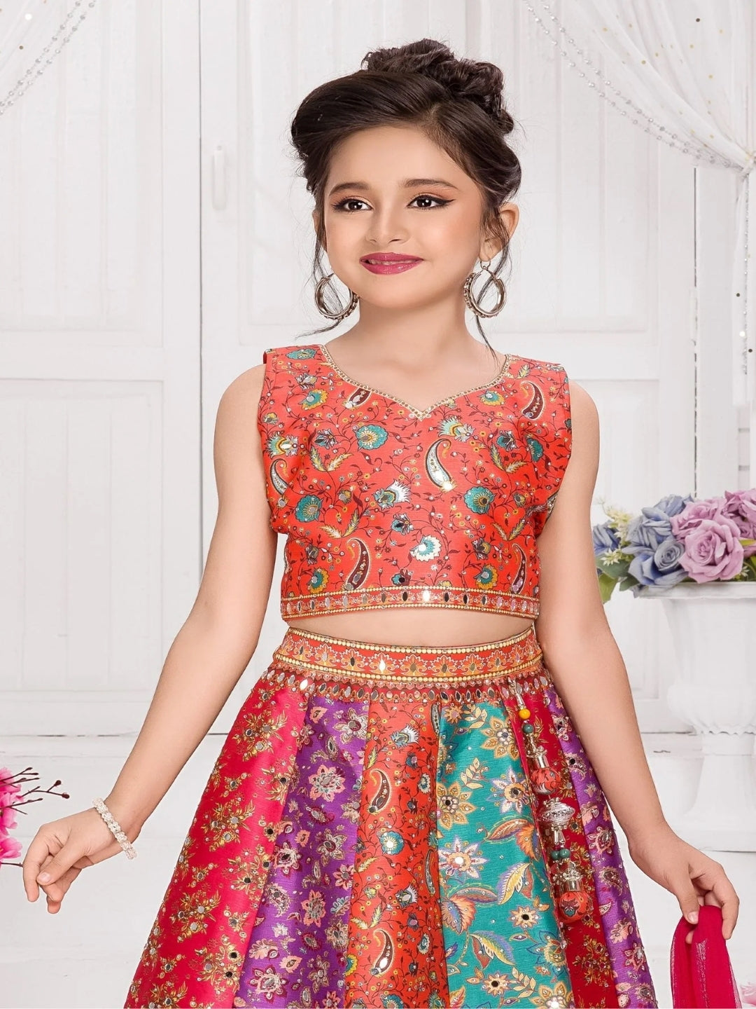 Girls Embroidered Mirror Work Tie and Dye Semi-Stitched Lehenga & Blouse With Dupatta