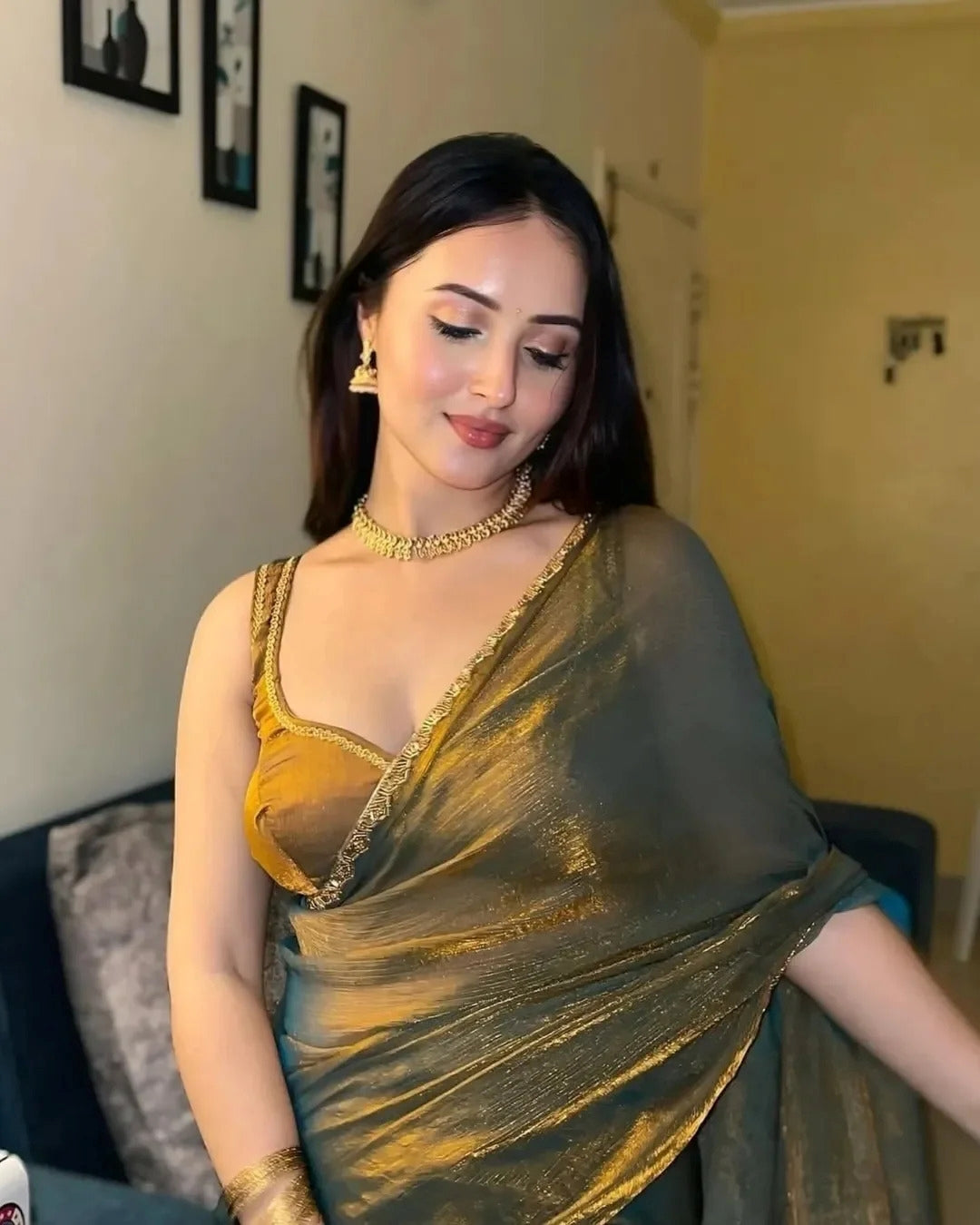 Solid Beads and Stones Saree