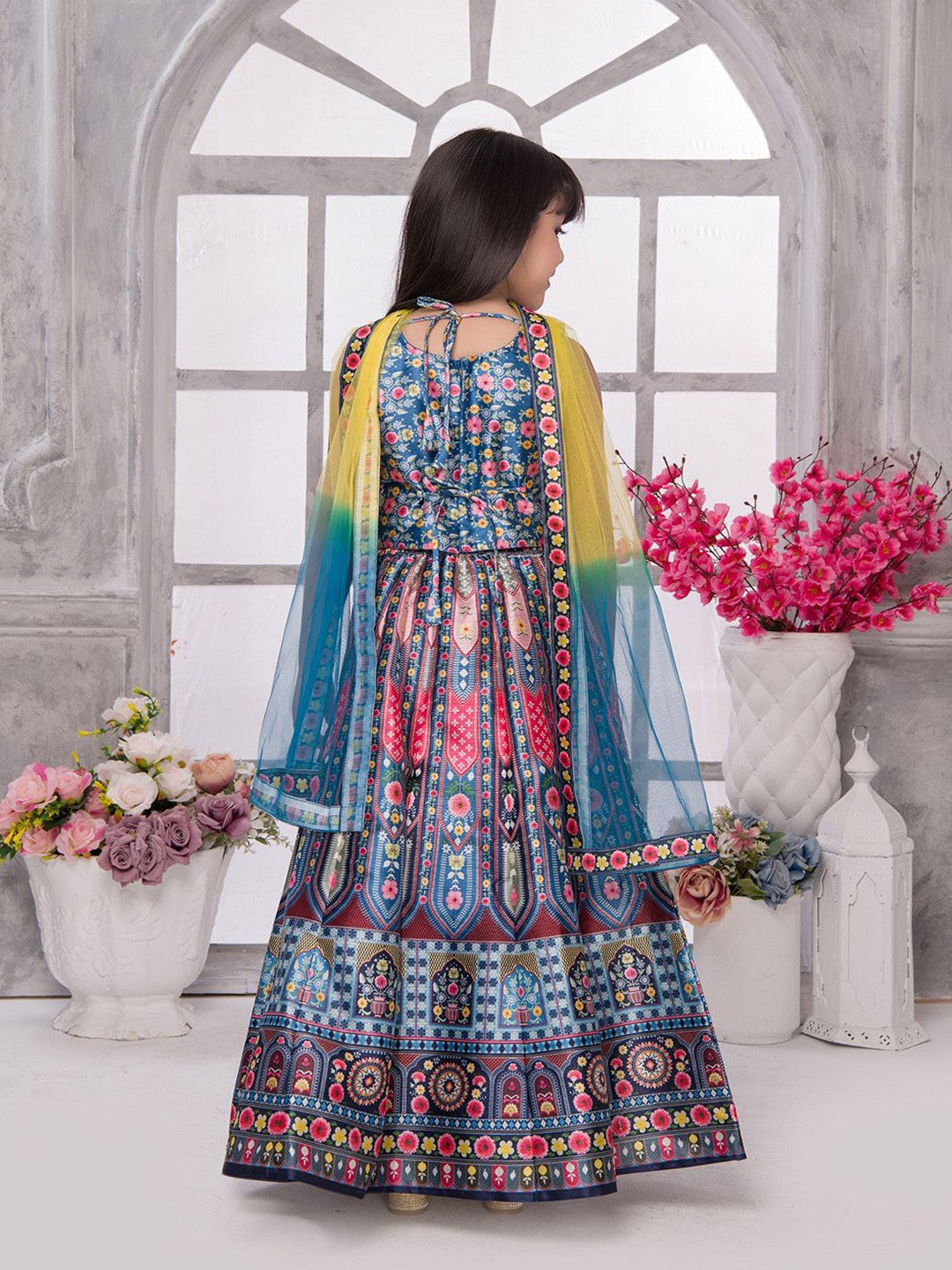Girls Printed Mirror Work Lehenga With Blouse & Dupatta