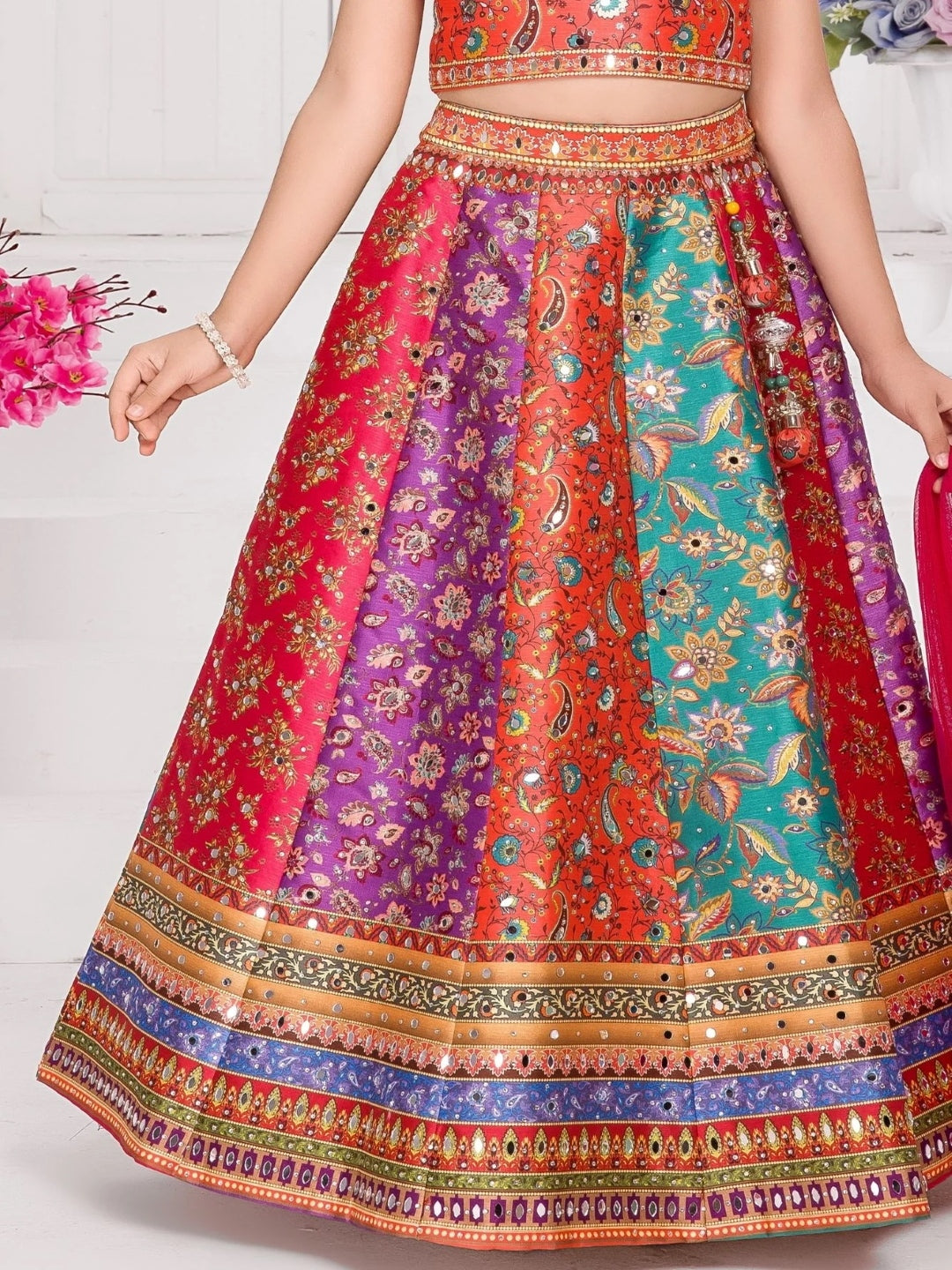 Girls Embroidered Mirror Work Tie and Dye Semi-Stitched Lehenga & Blouse With Dupatta