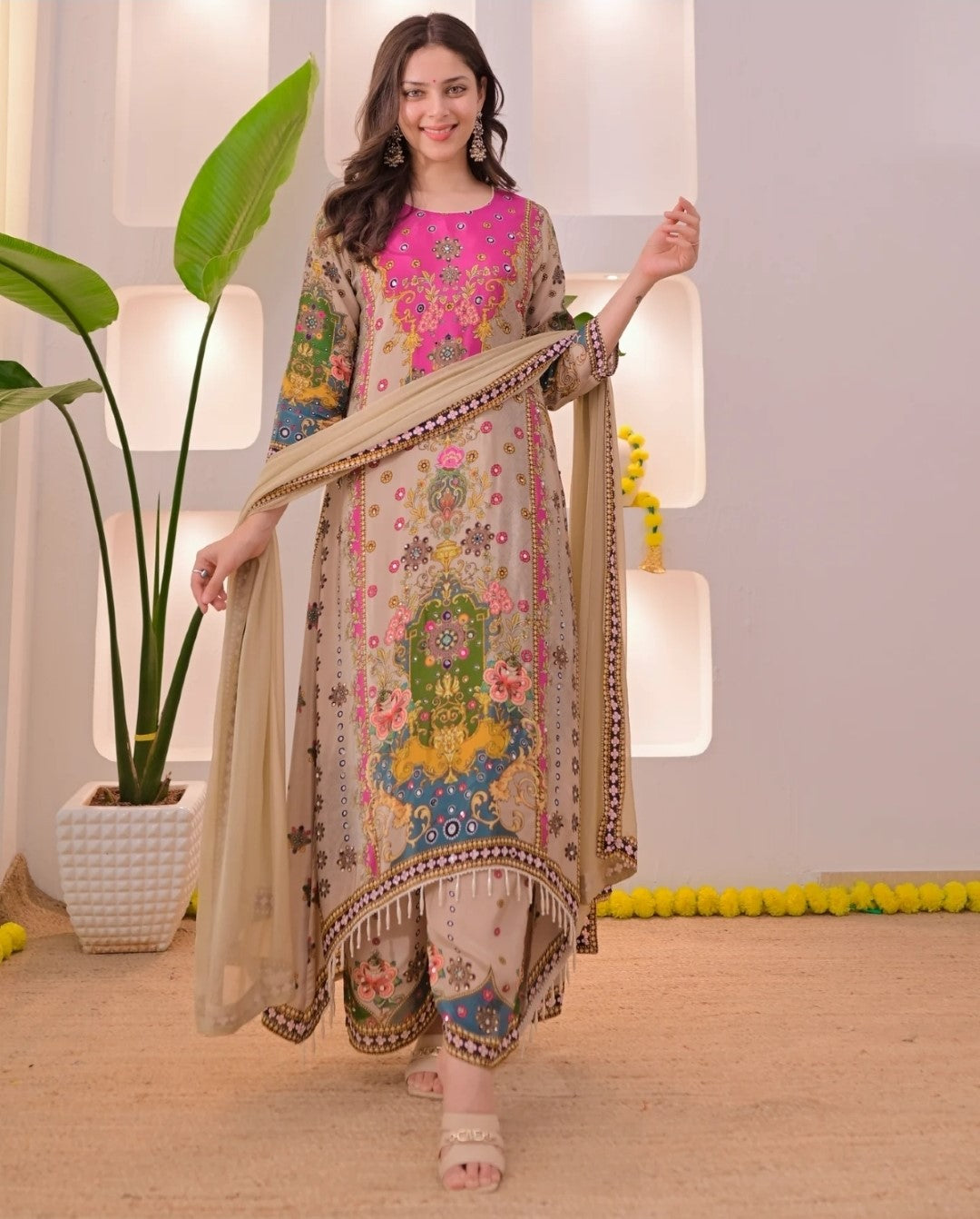 Ethnic Motifs Printed V-Neck Straight Kurta With Trousers & Dupatta