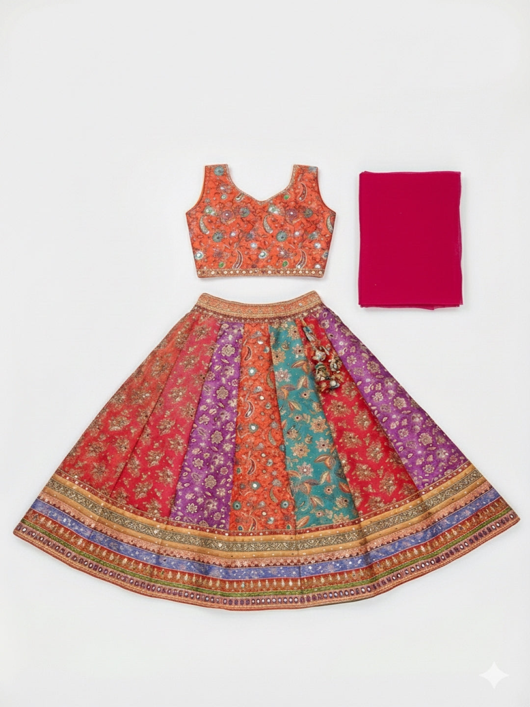 Girls Embroidered Mirror Work Tie and Dye Semi-Stitched Lehenga & Blouse With Dupatta
