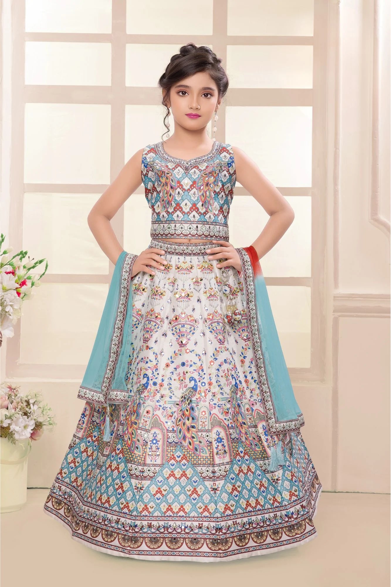 Multicolor Mirror Work And Printed Lehenga Choli Set For Girls