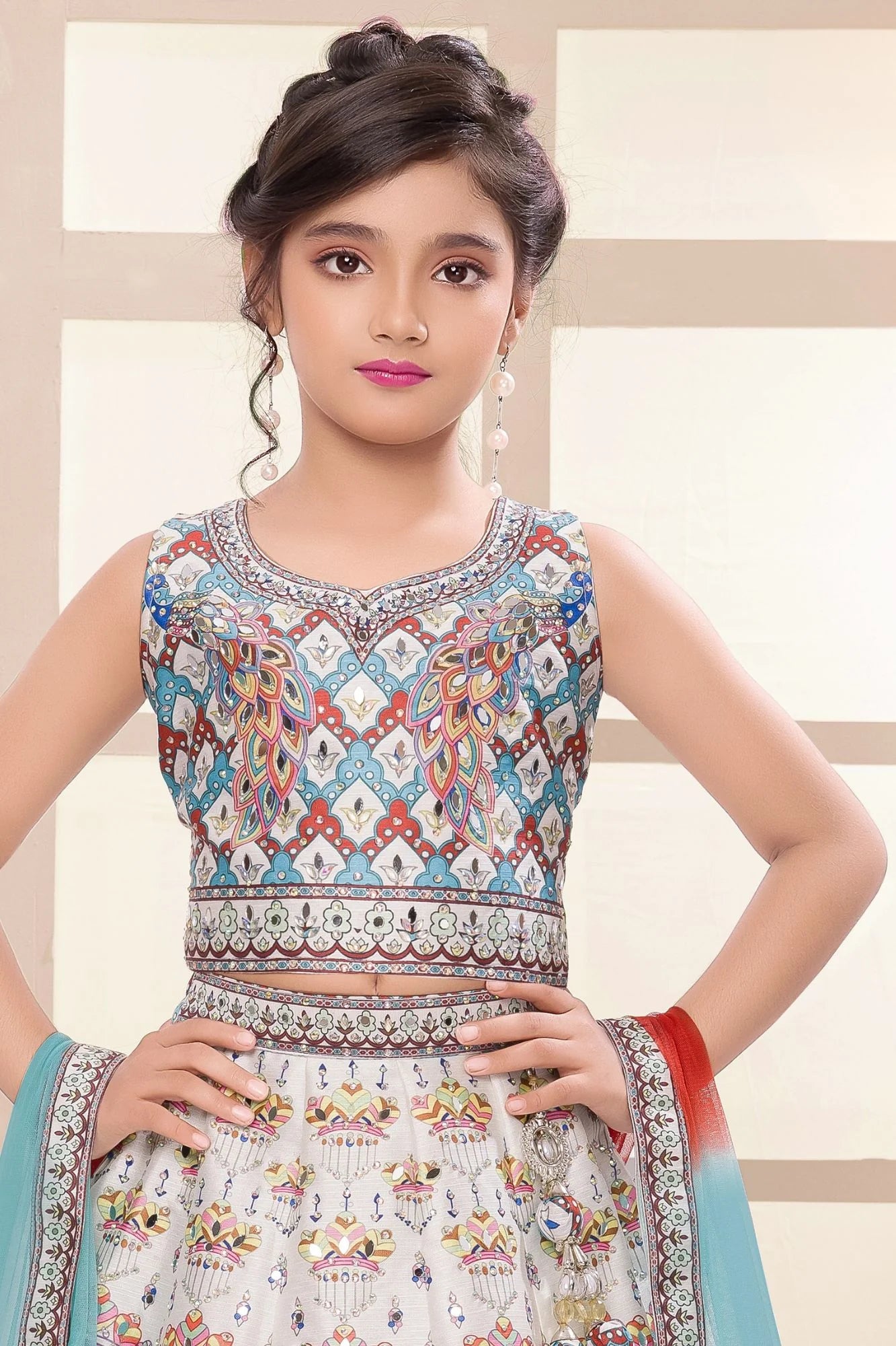 Multicolor Mirror Work And Printed Lehenga Choli Set For Girls