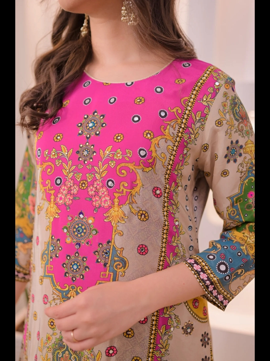 Ethnic Motifs Printed V-Neck Straight Kurta With Trousers & Dupatta