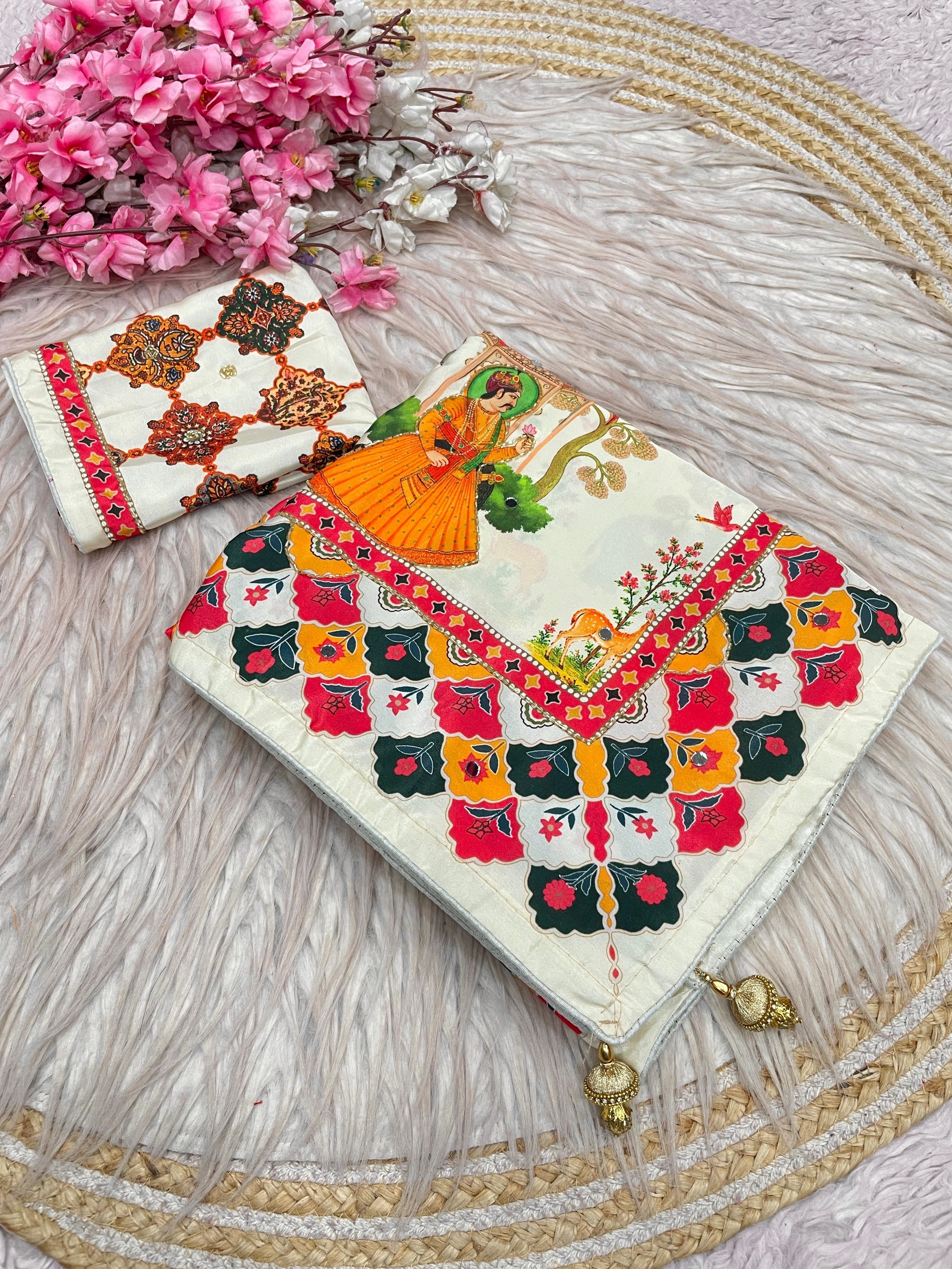 These Bollywood-style satin silk sarees feature vibrant Pichwai digital prints and  handwork