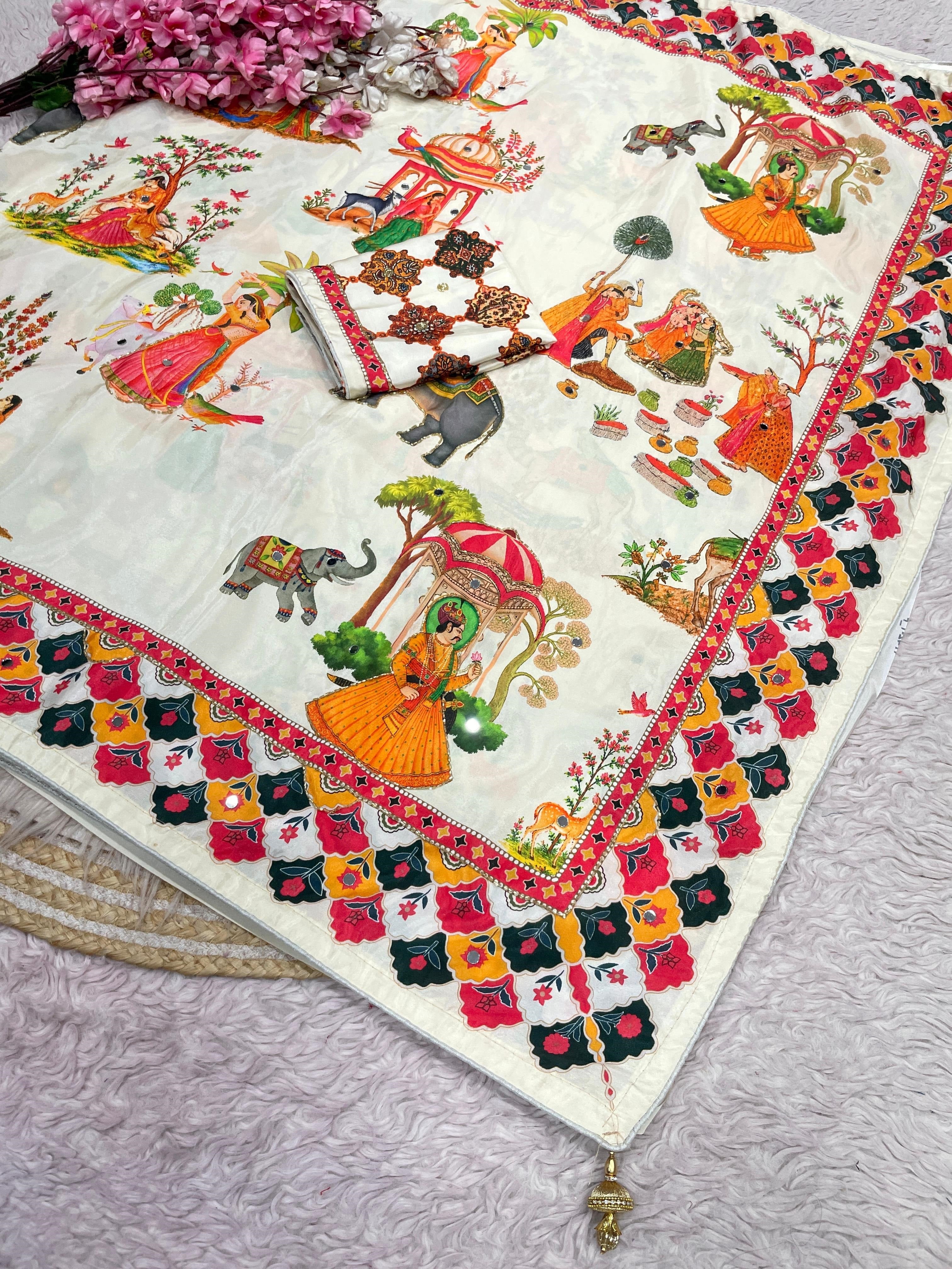 These Bollywood-style satin silk sarees feature vibrant Pichwai digital prints and  handwork