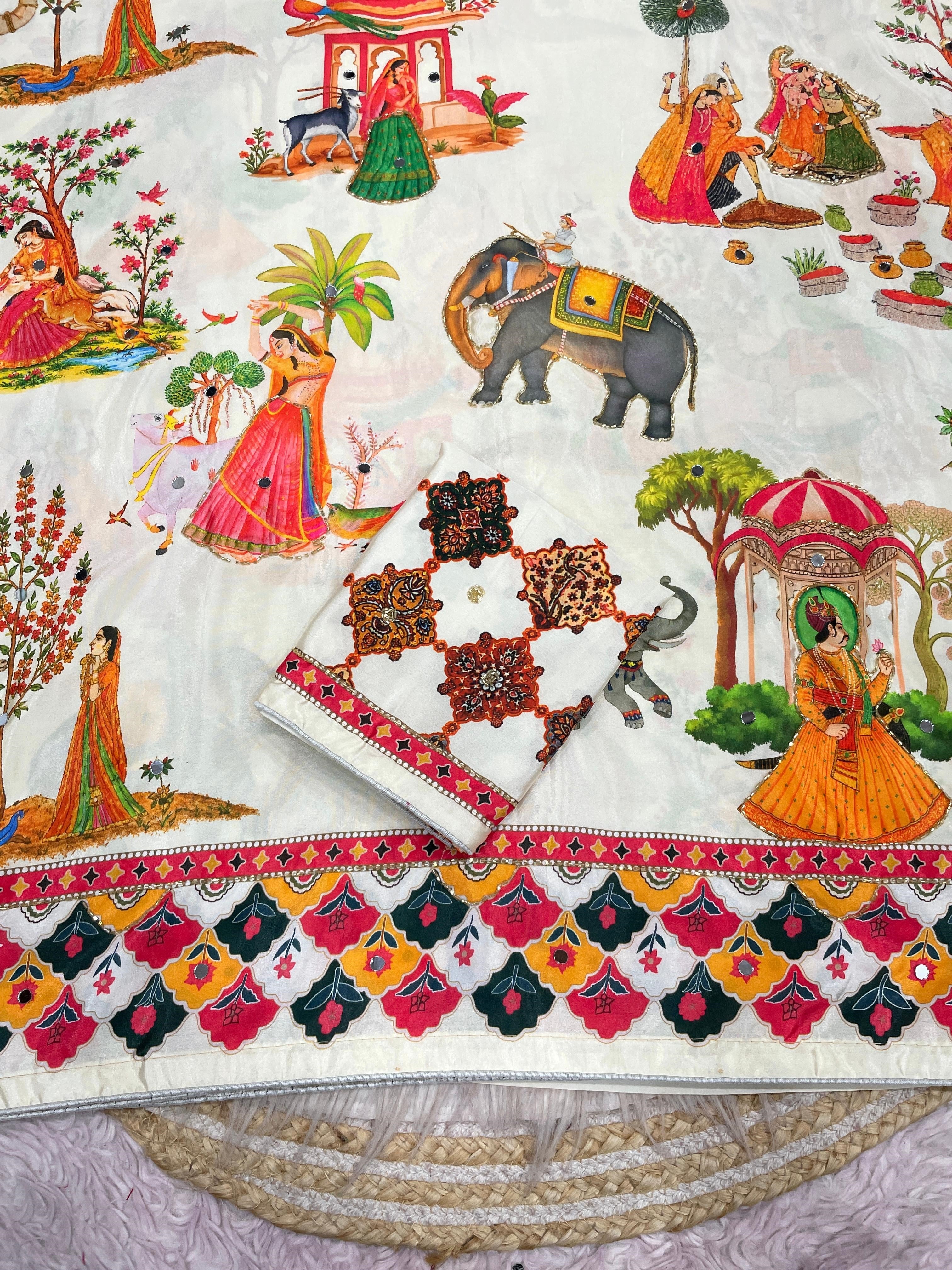 These Bollywood-style satin silk sarees feature vibrant Pichwai digital prints and  handwork