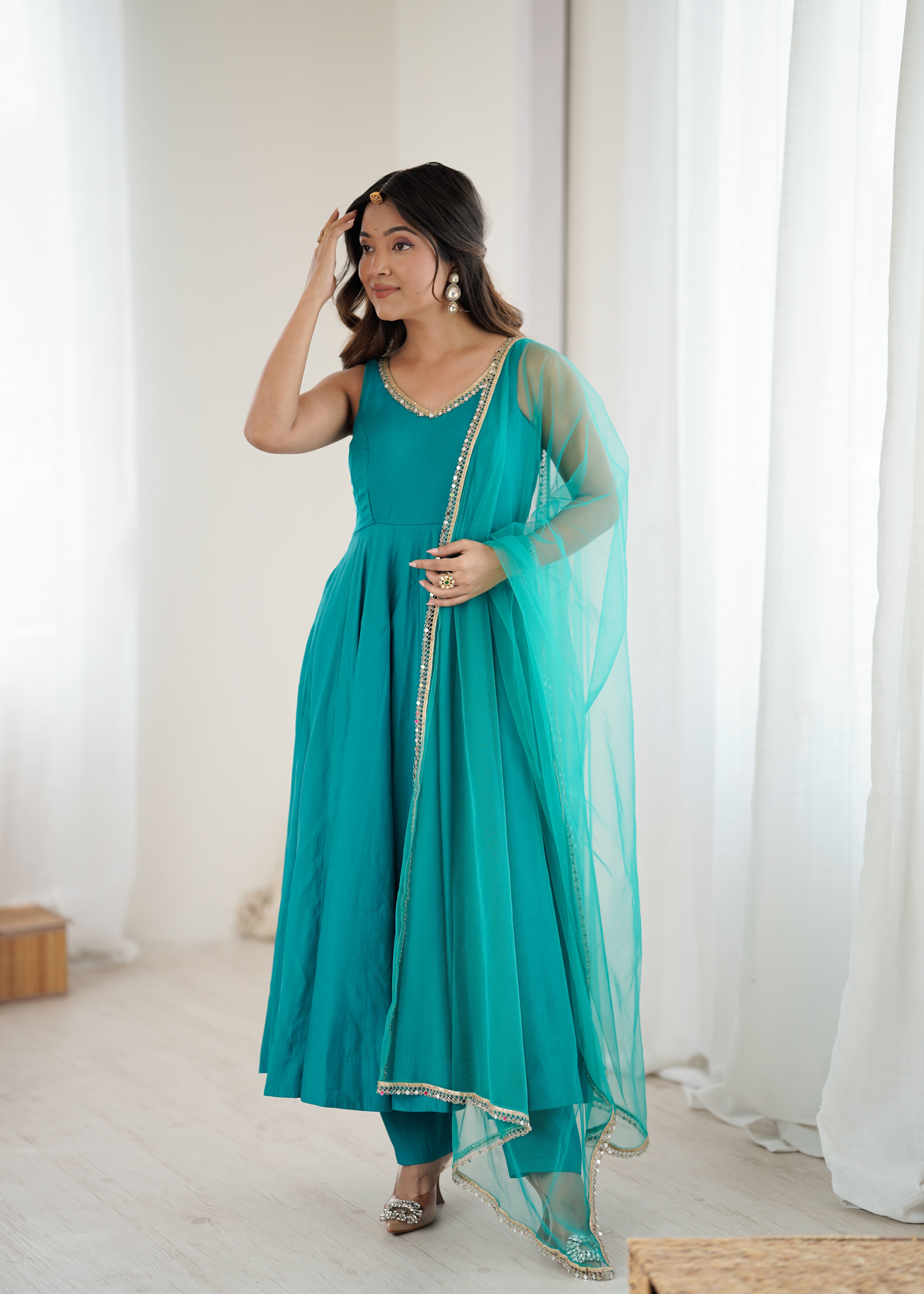 PURE ROMANSILK CHANDERI FABRIC FULLY FLARE ANARKALI,WITH DUPPTA SET,PENT READY TO WEAR