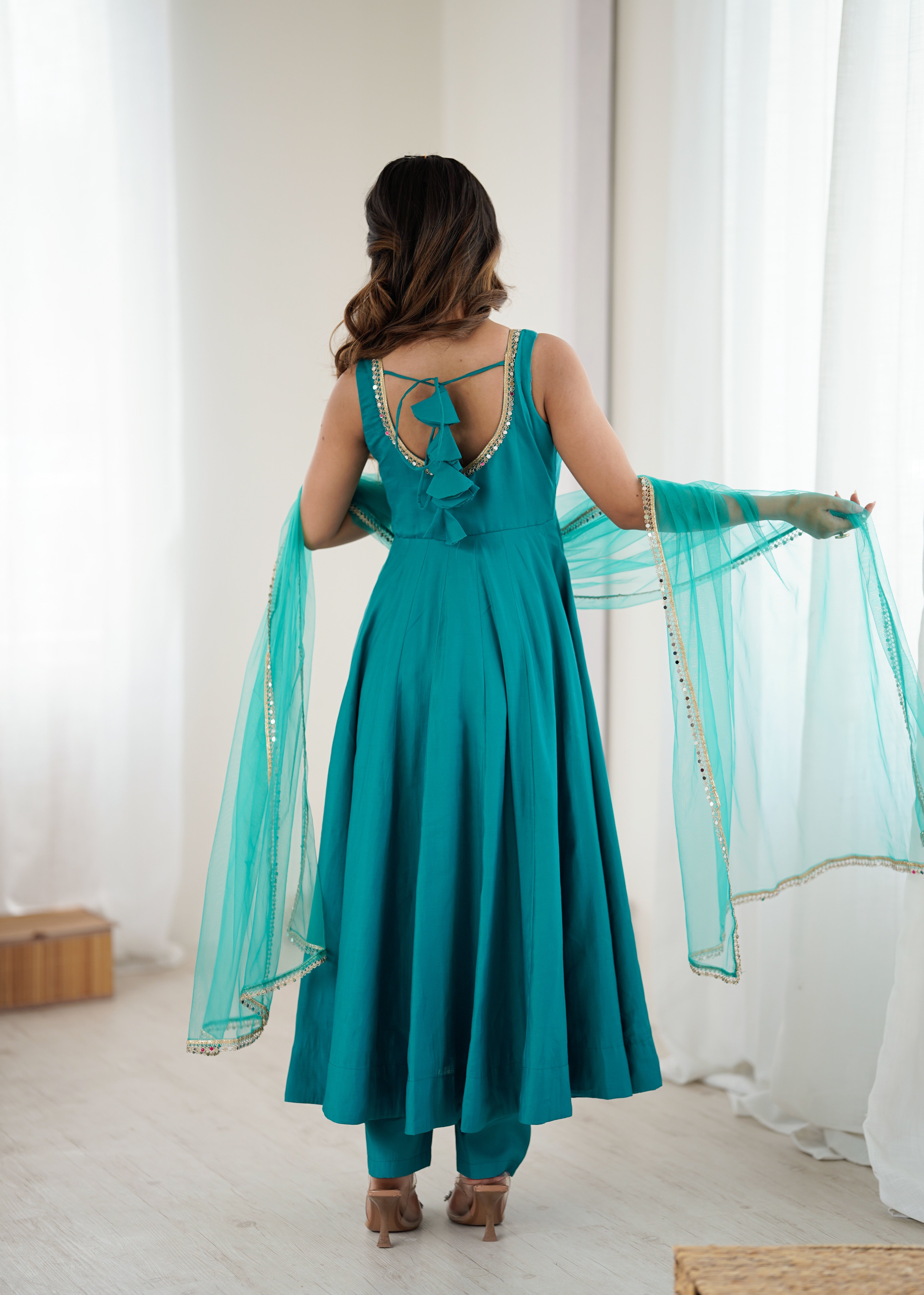PURE ROMANSILK CHANDERI FABRIC FULLY FLARE ANARKALI,WITH DUPPTA SET,PENT READY TO WEAR