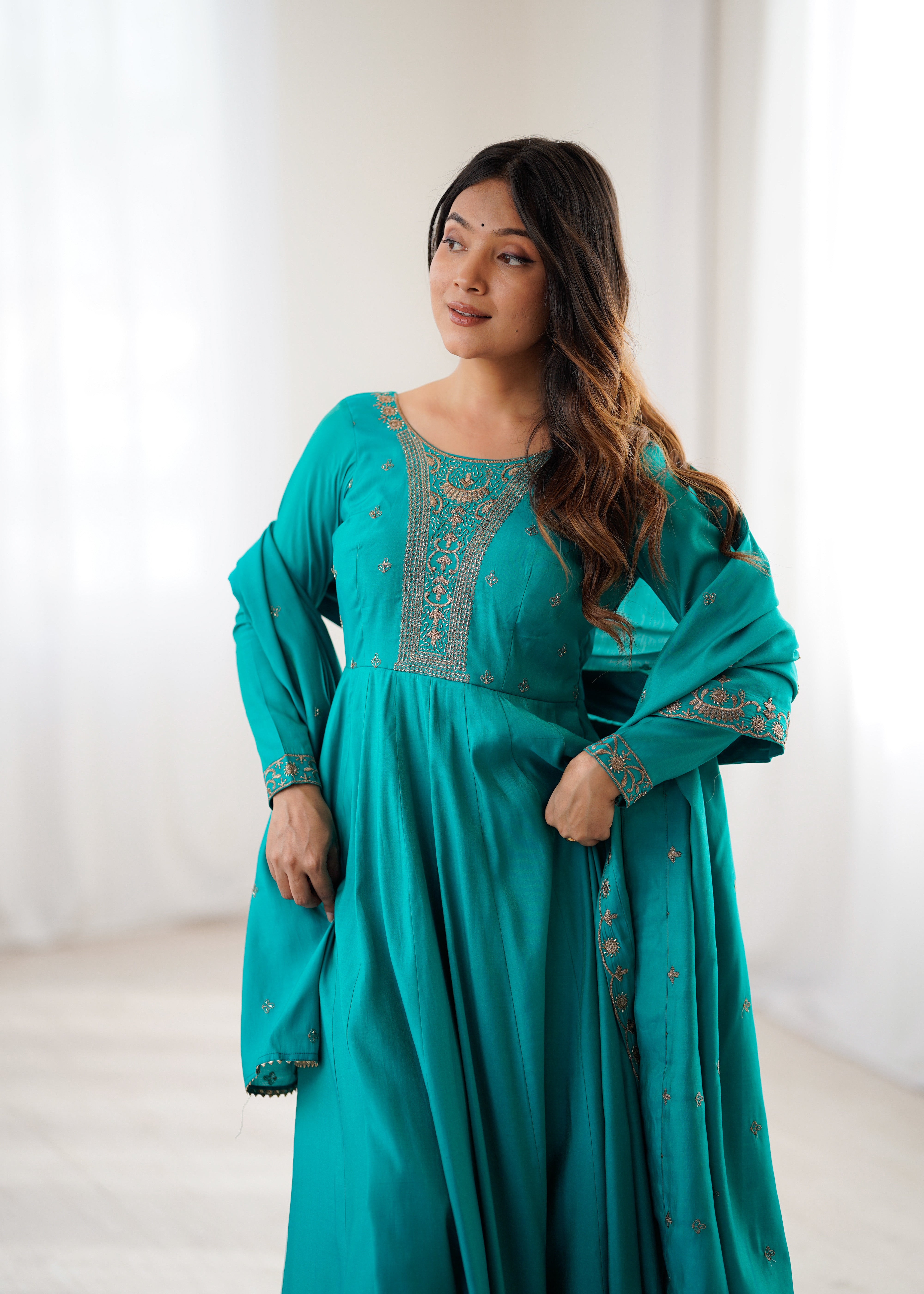 PRESENTING NEW HIGH PREMIUM QUALITY PURE ROMAN CHANDERI SILK FABRIC FULLY FLARE ANARKALI,WITH DUPPTA SET,PENT READY TO WEAR