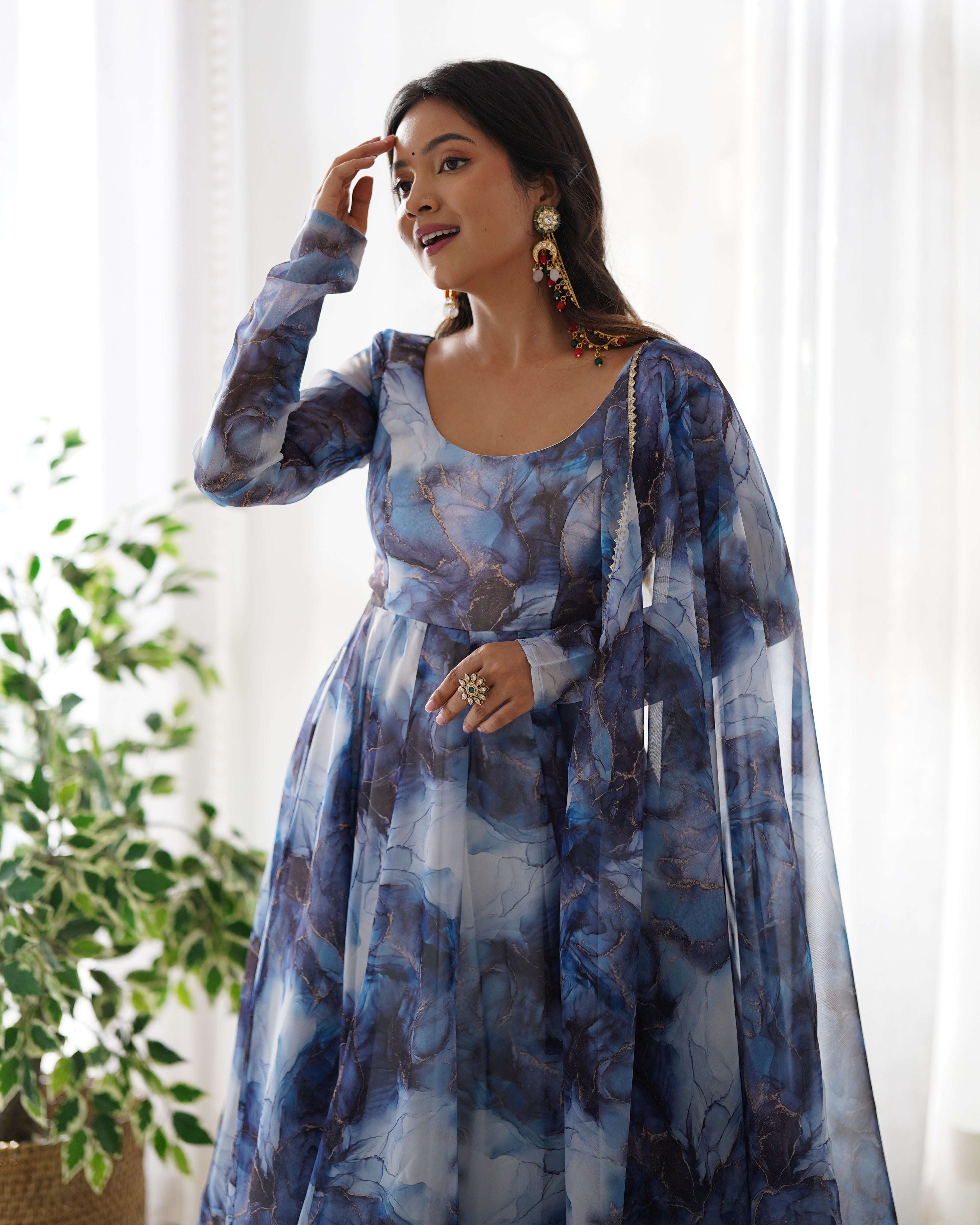 PURE SOFT ORGANJA SILK MARBLE PRINT FABRIC FULLY FLAIR KALI PATTERN AND CANVAS PATTA WITH DUPPTA SET,PENT READY TO WEAR