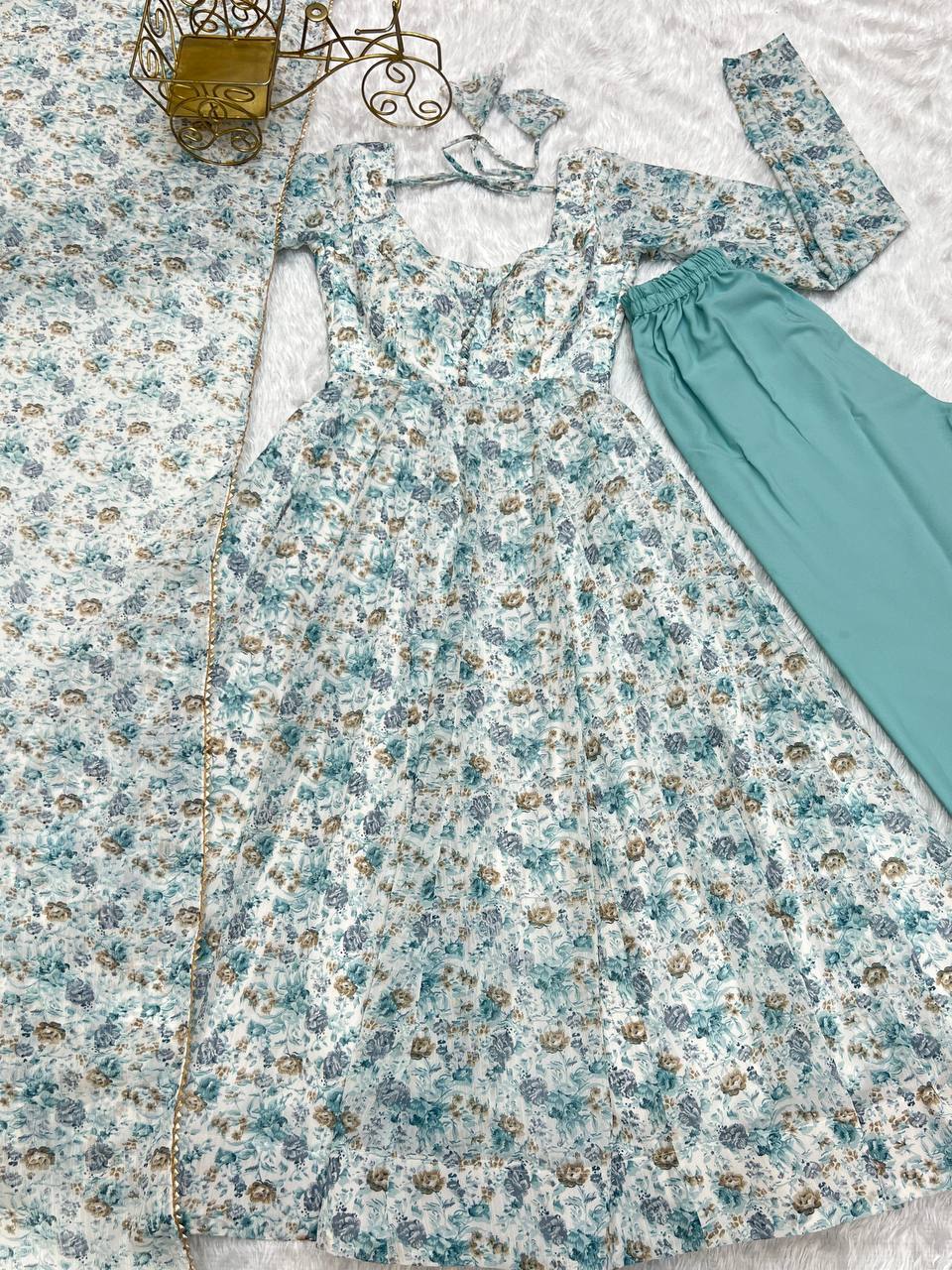 PURE ORANGE CHIFFON FLORAL PRINT FABRIC FULLY FLAIR ANARKALI,WITH DUPPTA SET,PENT READY TO WEAR