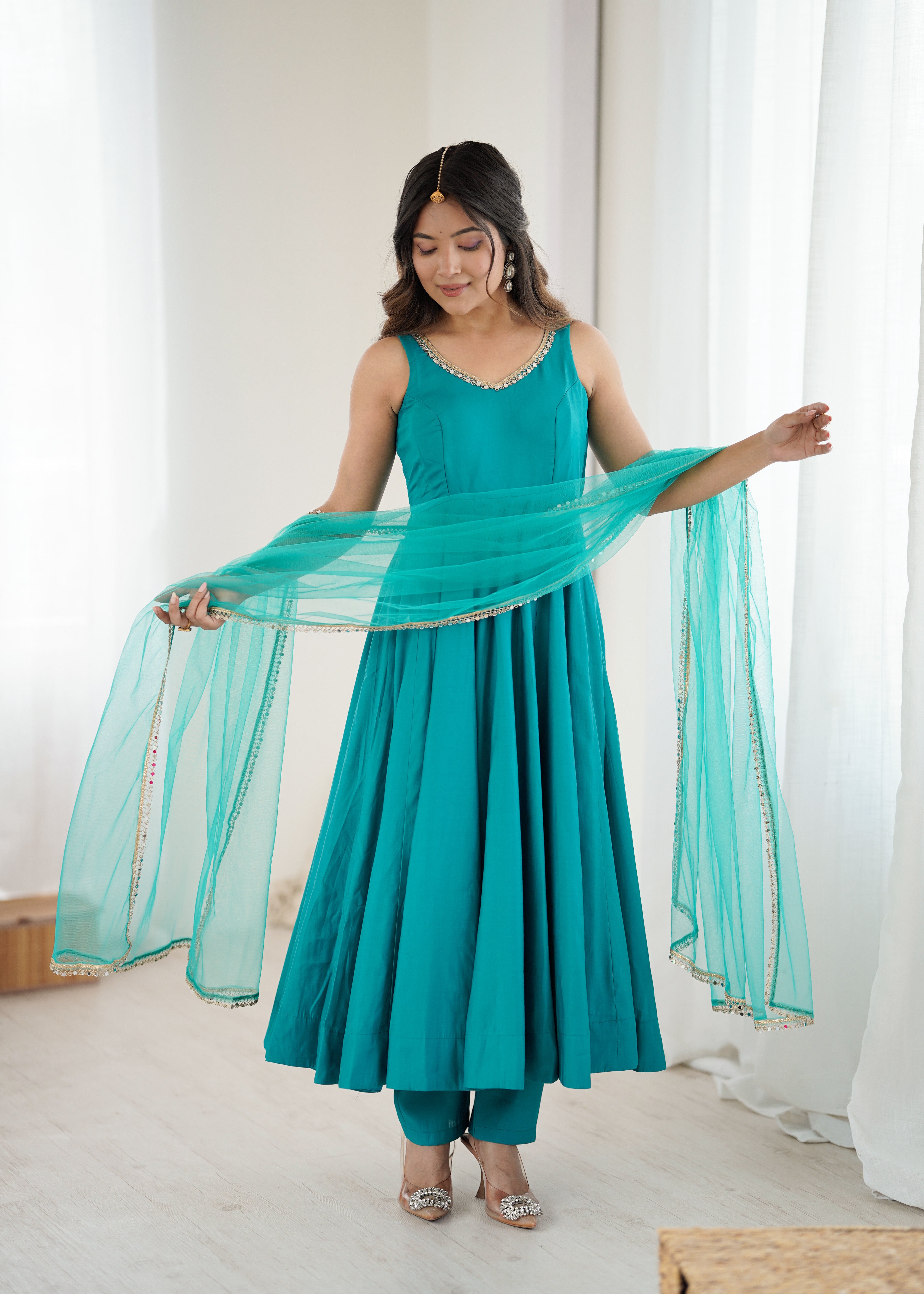 PURE ROMANSILK CHANDERI FABRIC FULLY FLARE ANARKALI,WITH DUPPTA SET,PENT READY TO WEAR