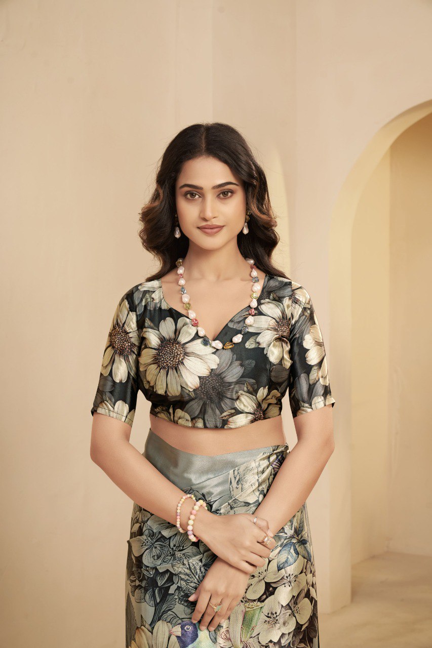 Premium Malai Crepe Soft Silk Saree featuring a modern digital floral print with a graceful fall and elegant party-wear appeal. Designed to give a classy yet contemporary look, perfect for festive and celebration wear.