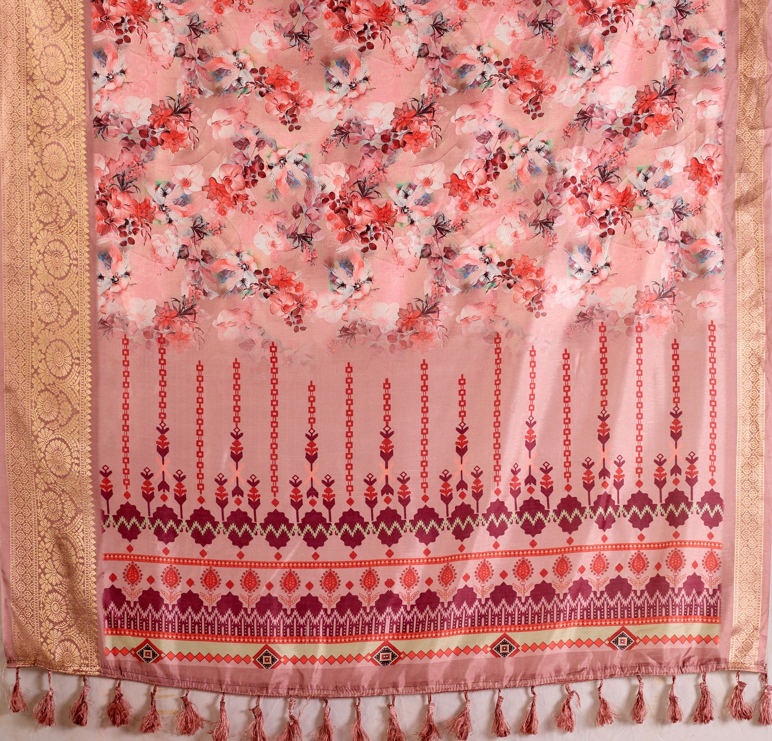 Gorgeous Soft Lichi Silk Saree with enchanting digital floral prints and a rich golden zari border.