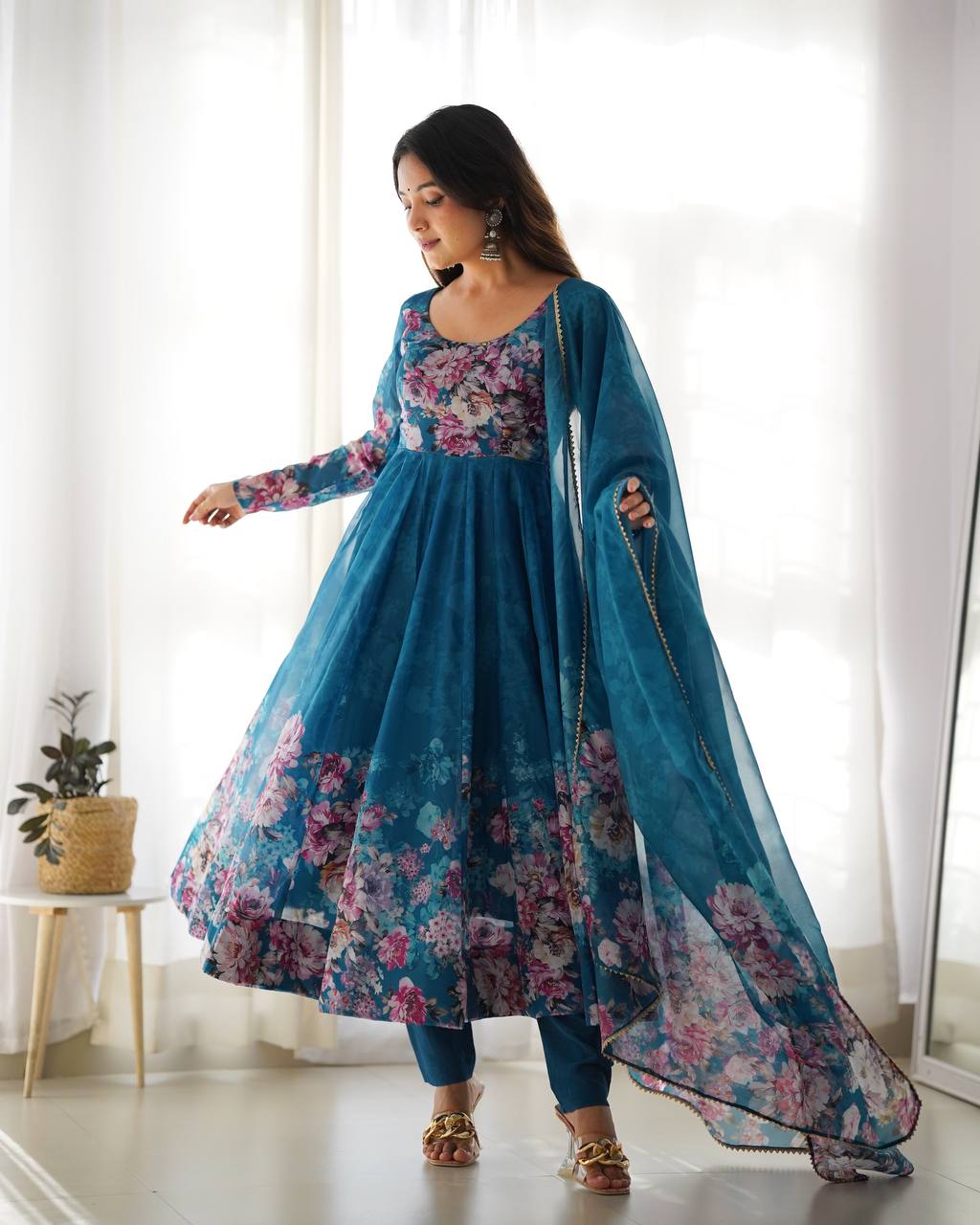 Floral Print Organza Three Piece Anarkali Suit