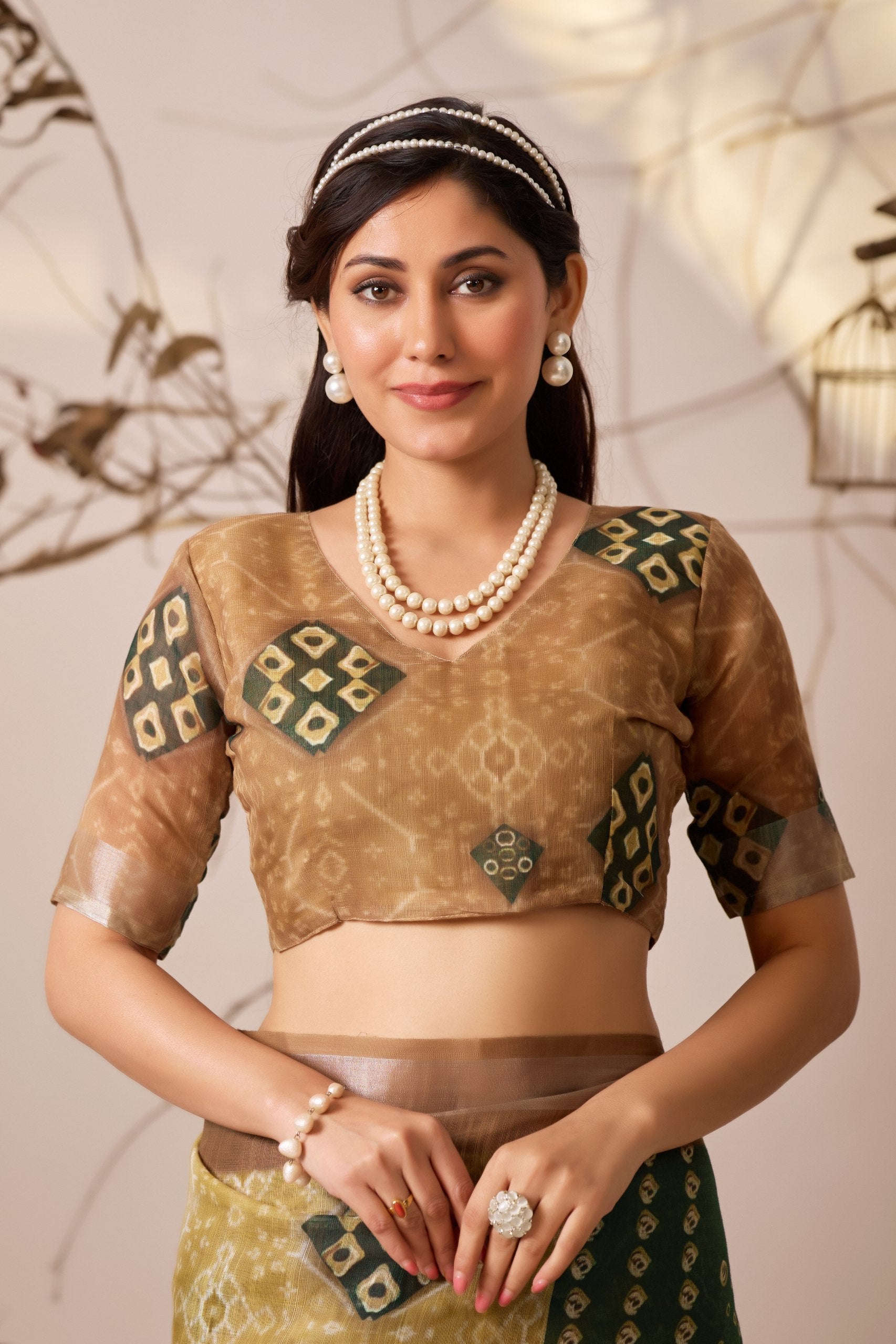 Premium Linen Cotton Saree with Traditional Patola & Ikat Style Digital Print with Classic Contrast Border