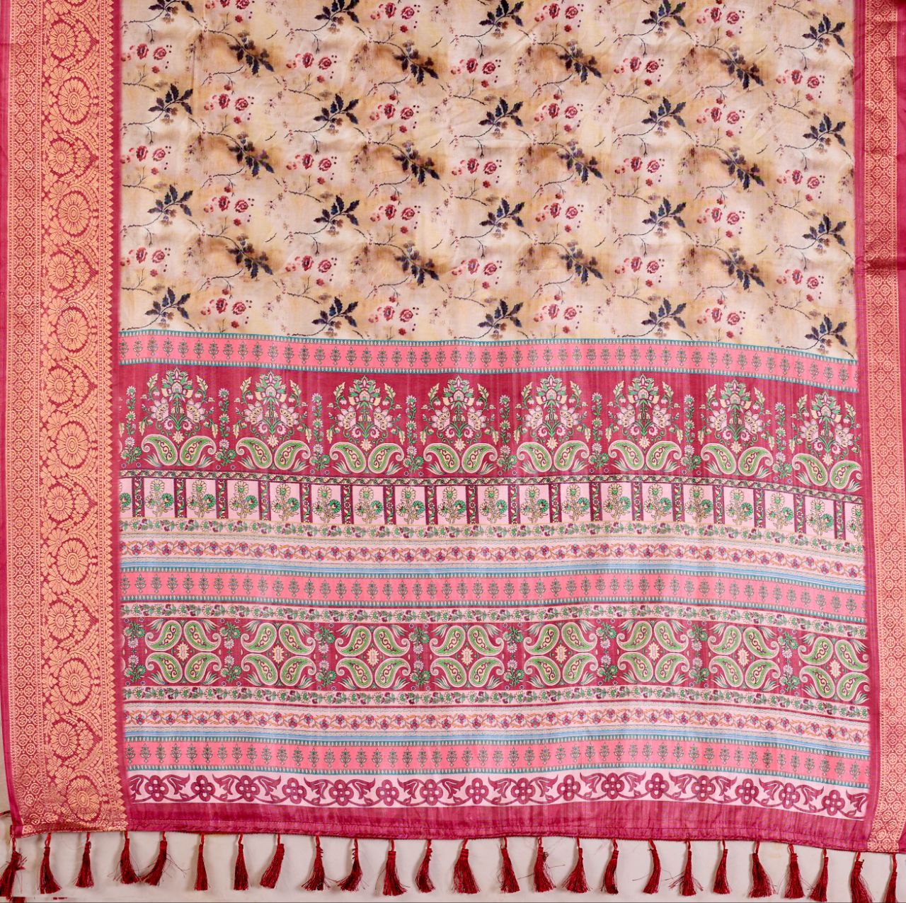 Premium Soft Lichi Silk Saree featuring mesmerizing floral digital prints beautifully enhanced with an elegant contrast zari woven border.