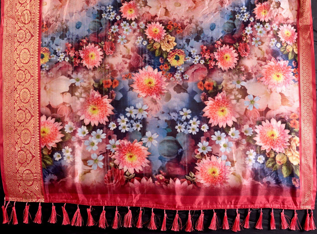 Luxurious Soft Lichi Silk Saree in Deep Wine Rose Shade featuring enchanting floral digital prints and complemented by a rich woven zari border & pallu — an epitome of elegance, beauty, and sophistication.