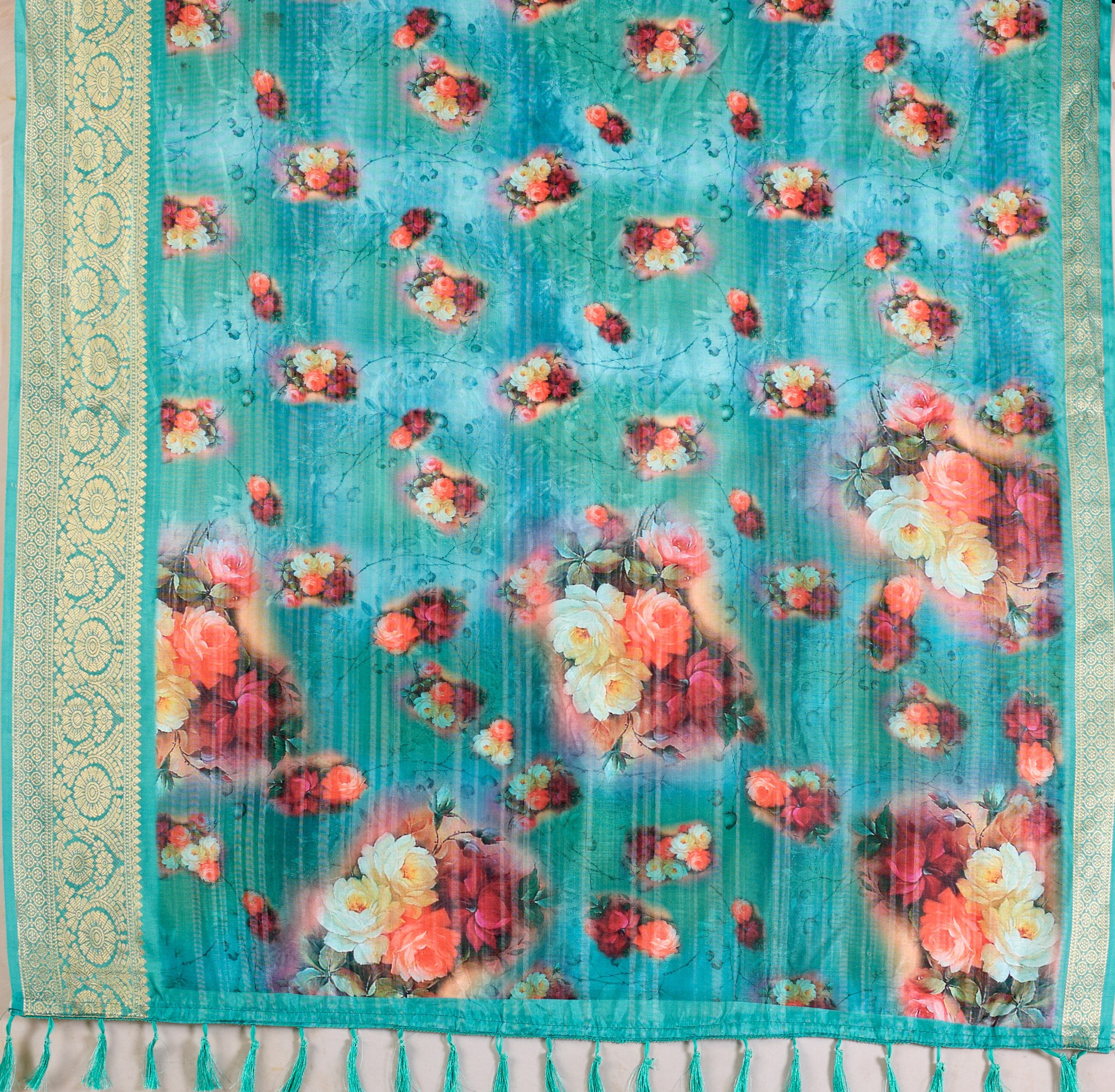 Elegant Soft Lichi Silk Saree adorned with digital floral patterns and a rich golden zari border.