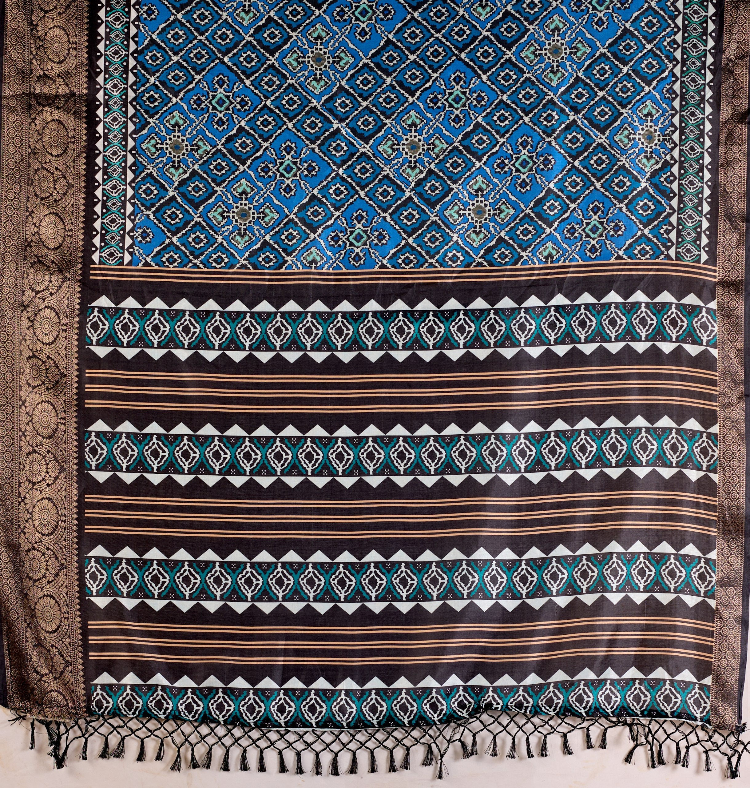 Exquisite Soft Lichi Silk Saree featuring elegant digital ethnic geometric designs paired with a luxurious copper zari border.