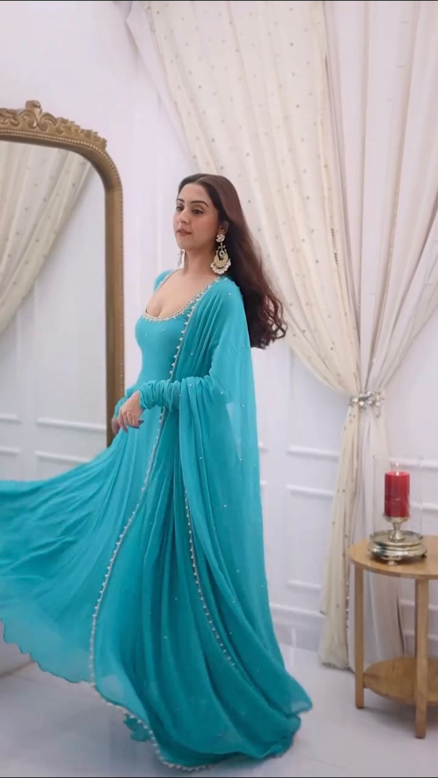 Faux Georgette Embroidery Sequence Work Gown & Dupatta Set